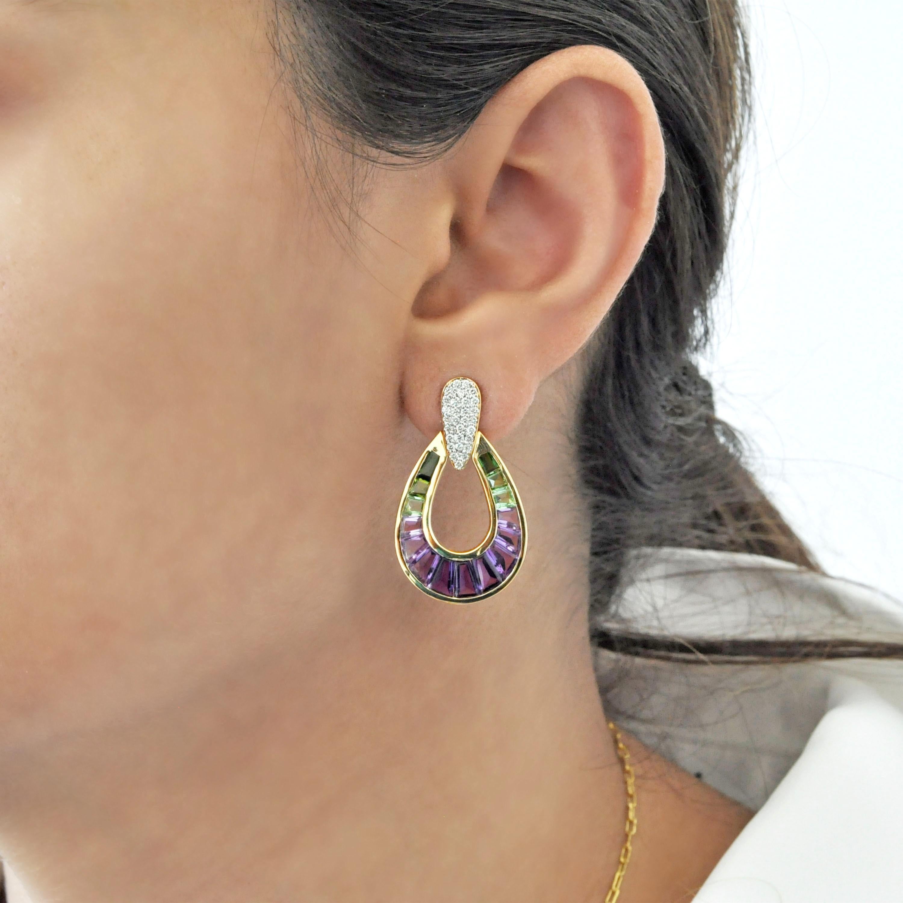 Boucles d'oreilles en or jaune 14 carats, améthyste, tourmaline verte, diamant baguette en forme de poire en vente 7