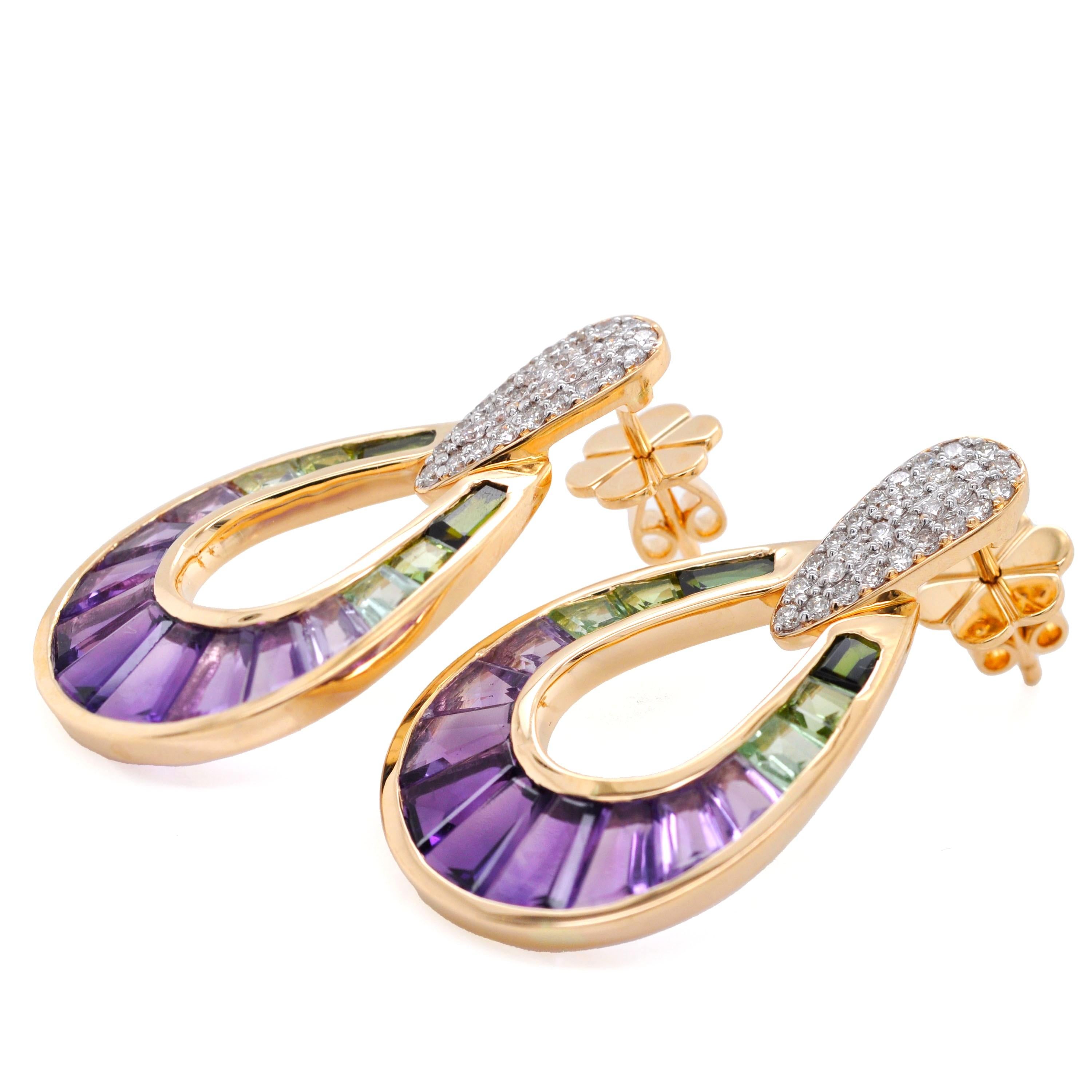 Boucles d'oreilles en or jaune 14 carats, améthyste, tourmaline verte, diamant baguette en forme de poire Neuf - En vente à Jaipur, Rajasthan