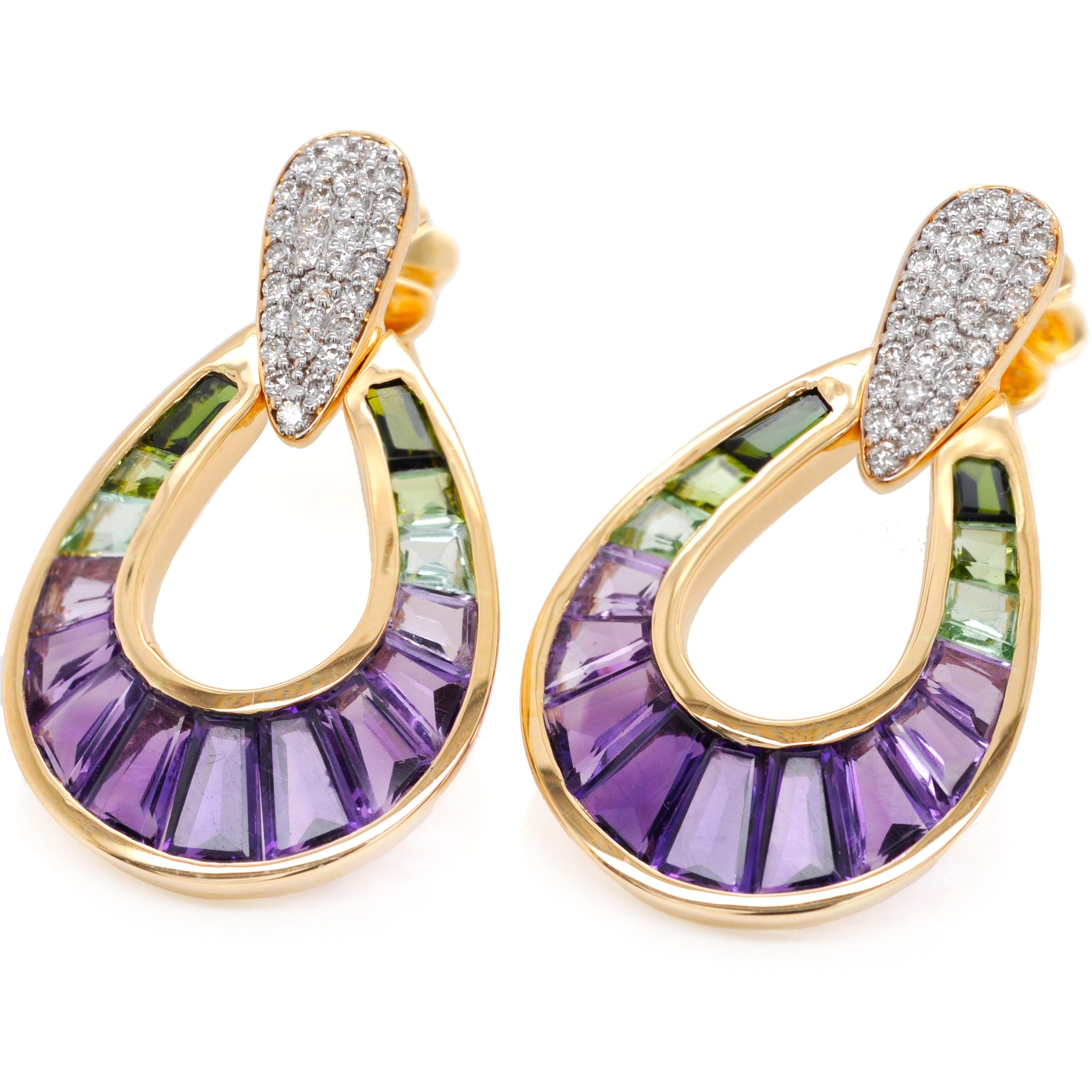 Boucles d'oreilles en or jaune 14 carats, améthyste, tourmaline verte, diamant baguette en forme de poire Pour femmes en vente