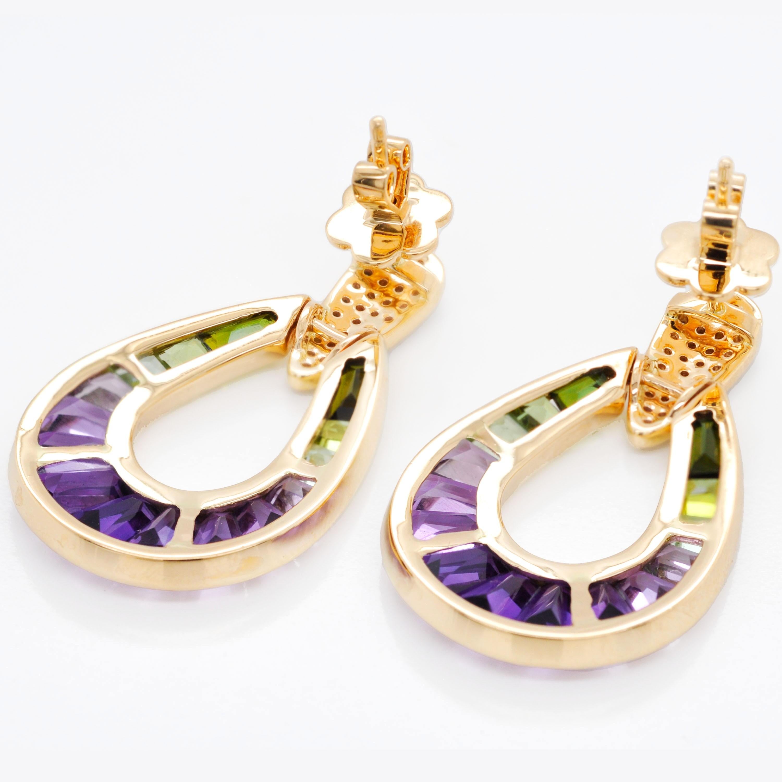 Boucles d'oreilles en or jaune 14 carats, améthyste, tourmaline verte, diamant baguette en forme de poire en vente 1