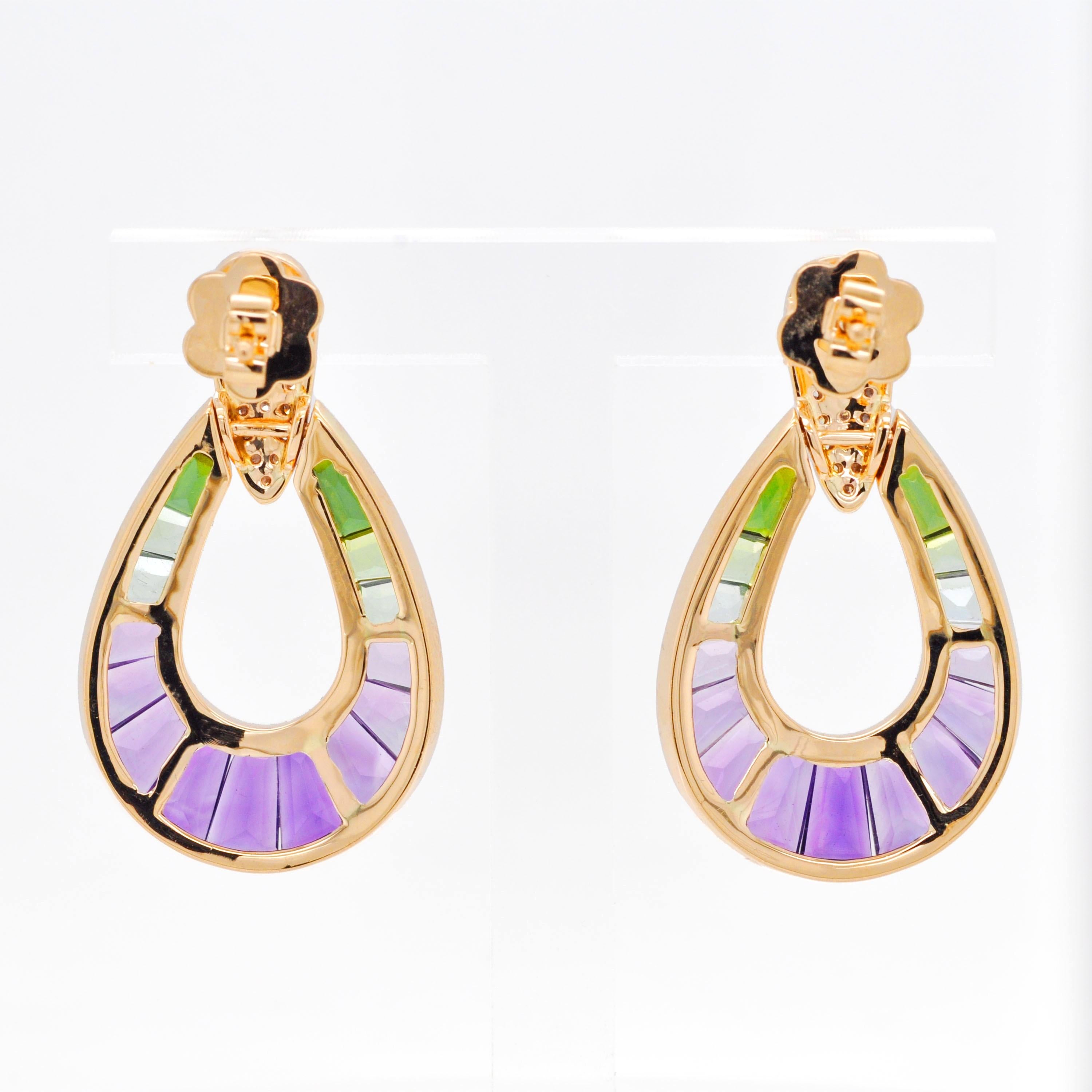 Boucles d'oreilles en or jaune 14 carats, améthyste, tourmaline verte, diamant baguette en forme de poire en vente 2