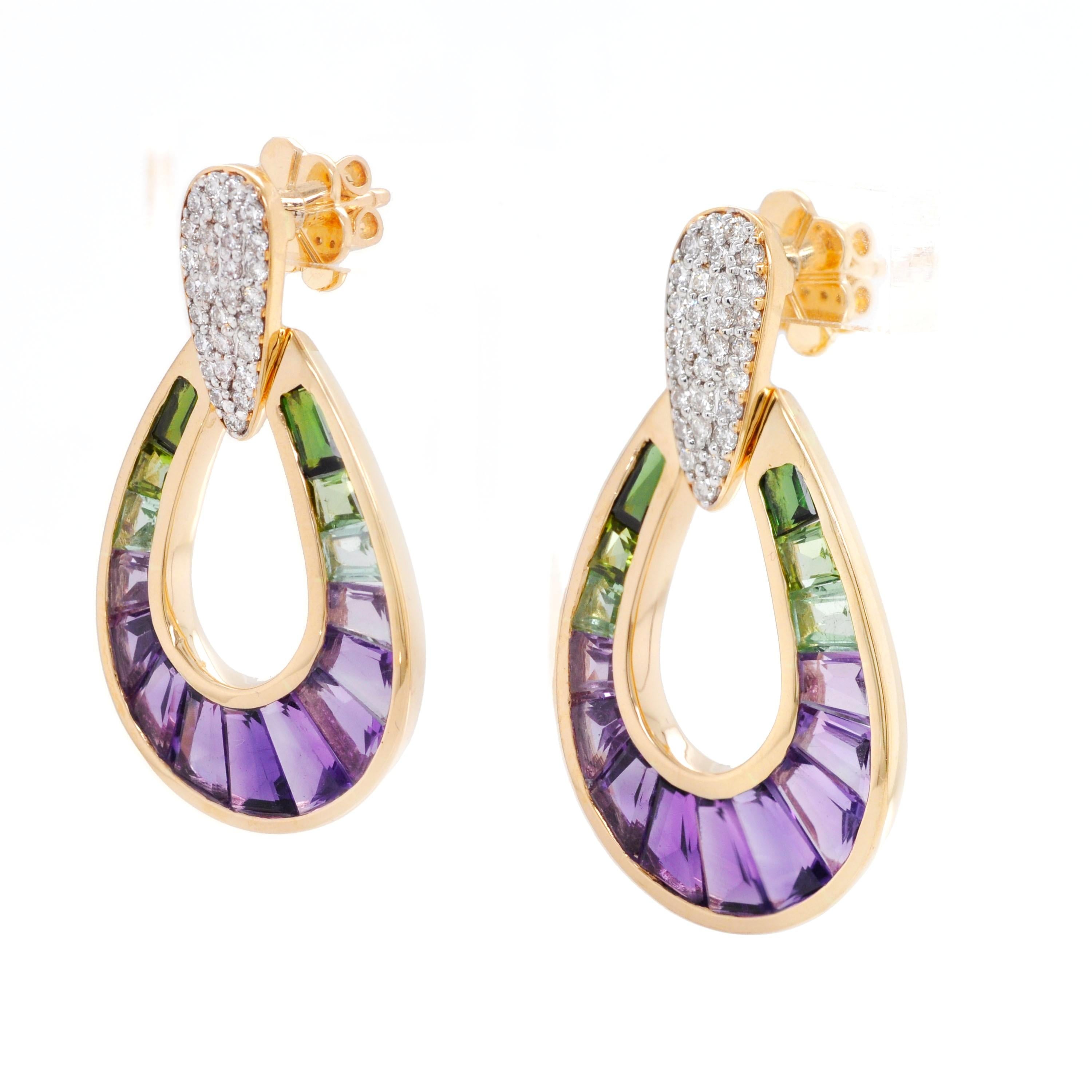 Boucles d'oreilles en or jaune 14 carats, améthyste, tourmaline verte, diamant baguette en forme de poire en vente 3