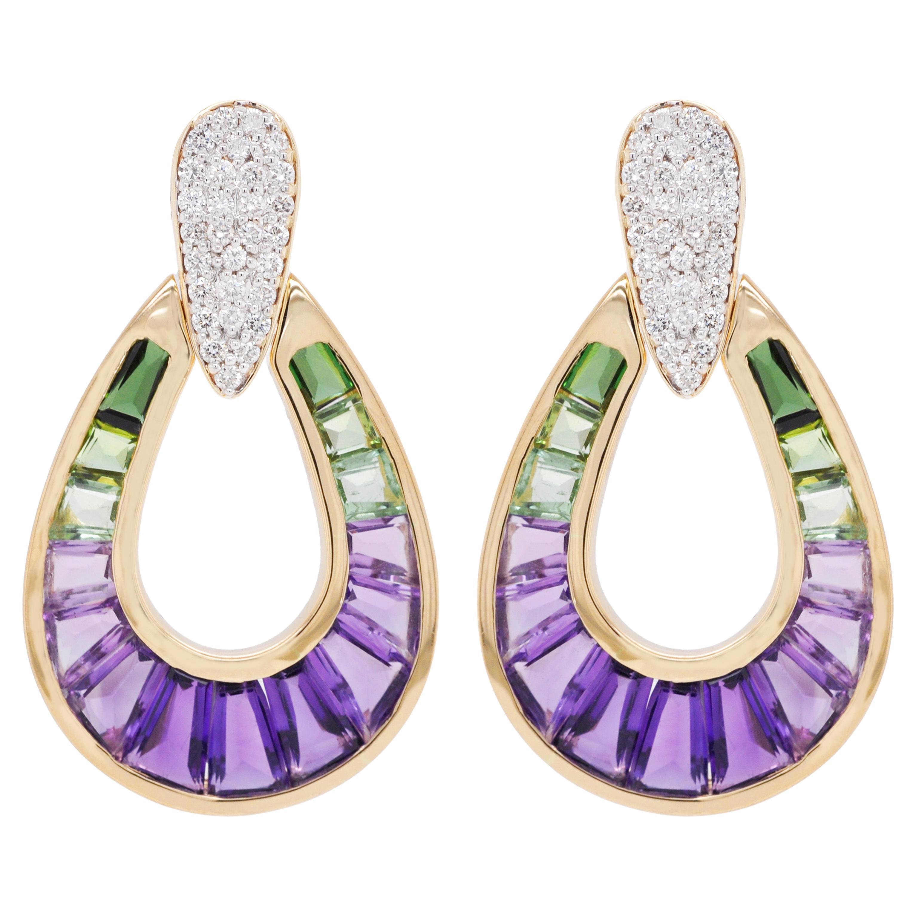 14K Yellow Gold Amethyst Green Tourmaline Baguette Diamond Pear-shape Earrings