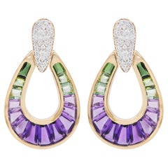 Boucles d'oreilles en or jaune 14 carats, améthyste, tourmaline verte, diamant baguette en forme de poire