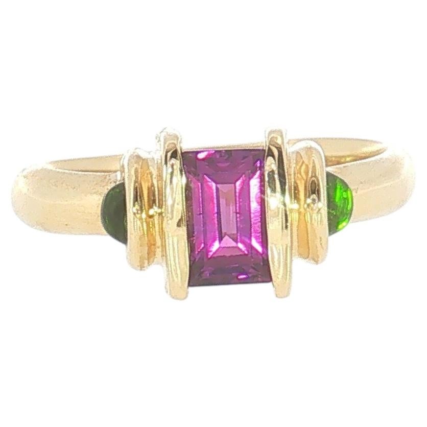 14K Yellow Gold Amethyst & Green Tourmaline Three-Stone Ring, Size 6.5