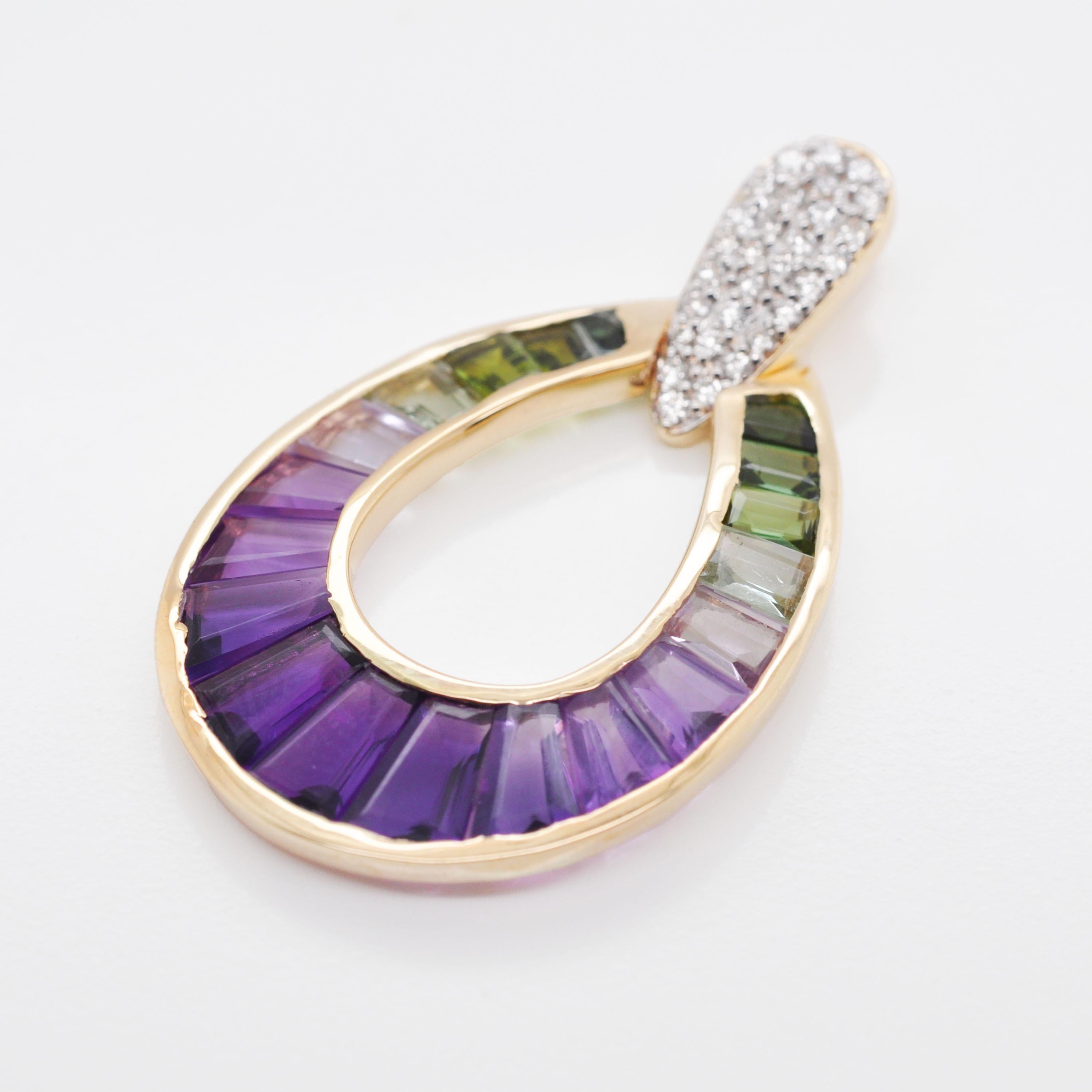 14K Yellow Gold Amethyst Green Tourmaline Taper Baguette Diamond Pear Pendant For Sale 4