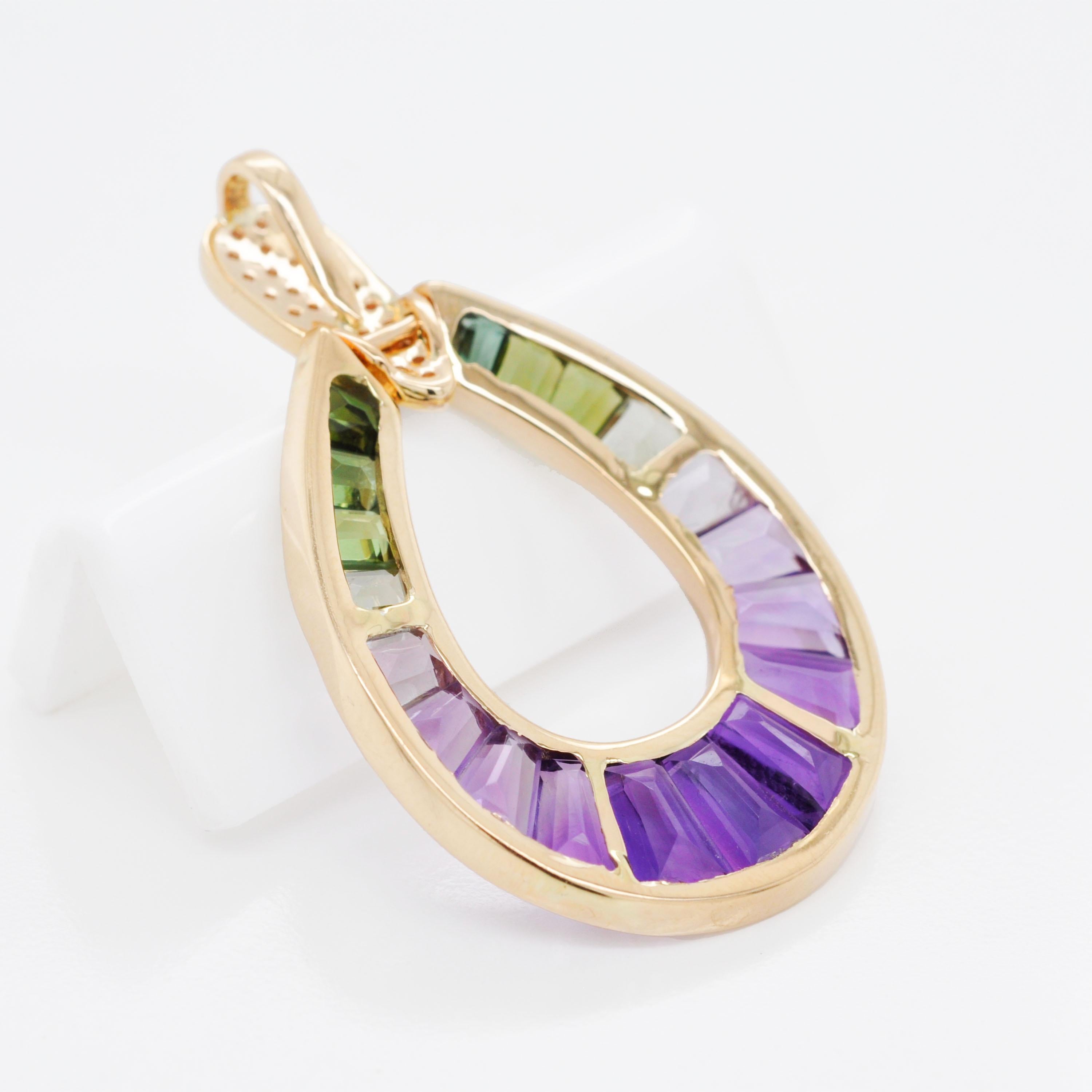 14K Yellow Gold Amethyst Green Tourmaline Taper Baguette Diamond Pear Pendant For Sale 5