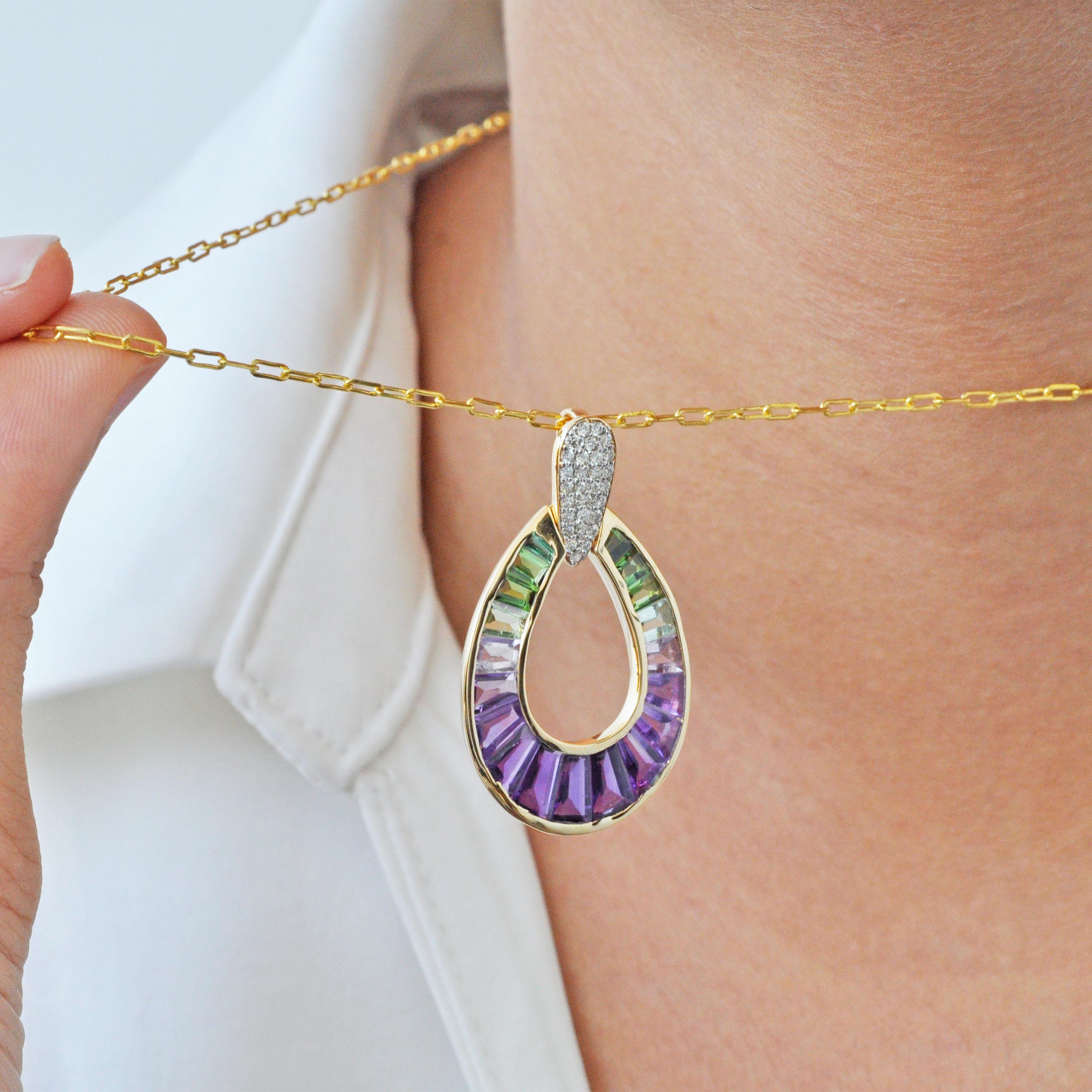 14K Yellow Gold Amethyst Green Tourmaline Taper Baguette Diamond Pear Pendant For Sale 6