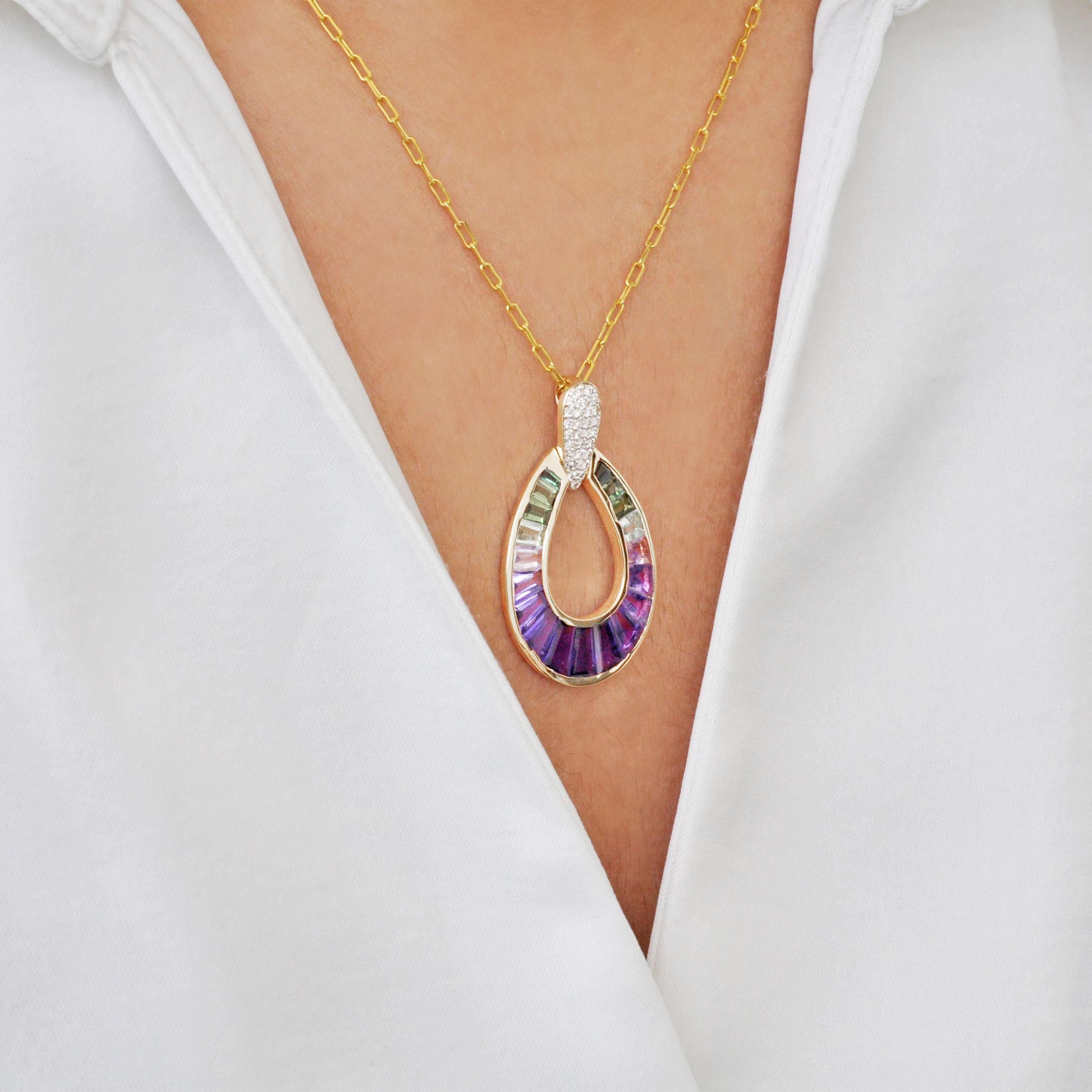 14K Yellow Gold Amethyst Green Tourmaline Taper Baguette Diamond Pear Pendant For Sale 8