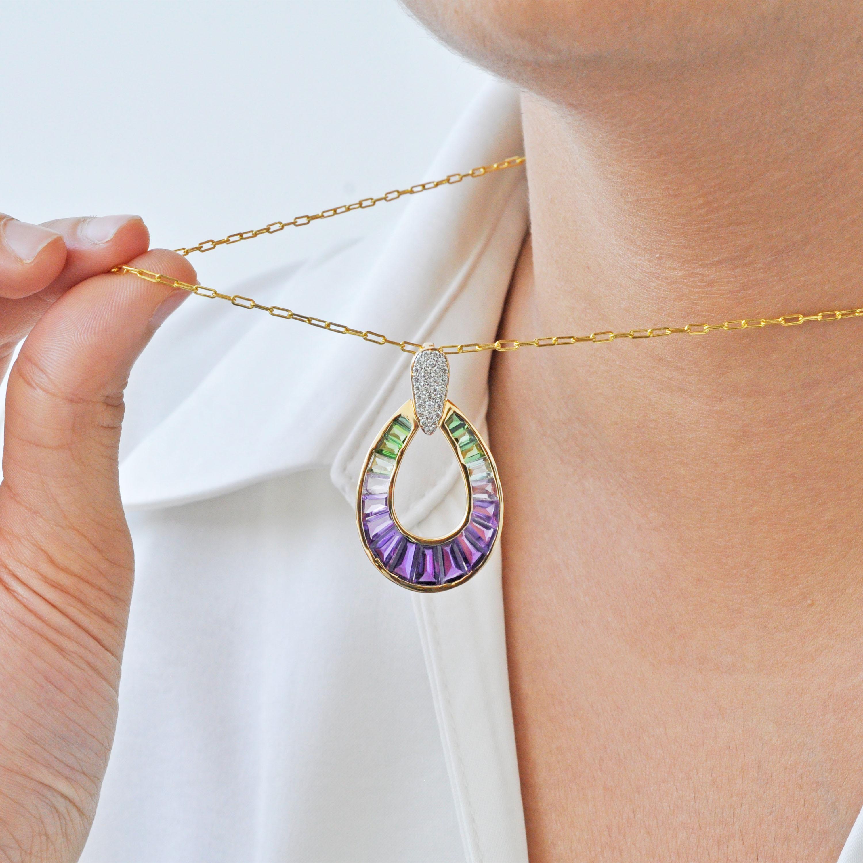 Contemporary 14K Yellow Gold Amethyst Green Tourmaline Taper Baguette Diamond Pear Pendant For Sale