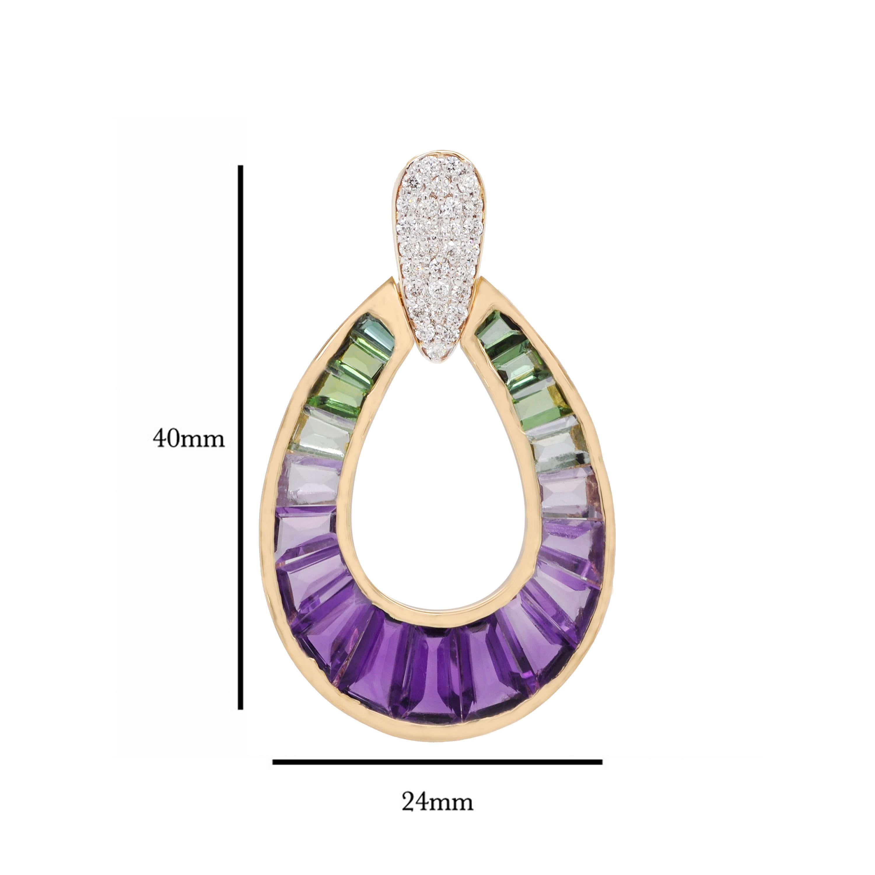 Tapered Baguette 14K Yellow Gold Amethyst Green Tourmaline Taper Baguette Diamond Pear Pendant For Sale