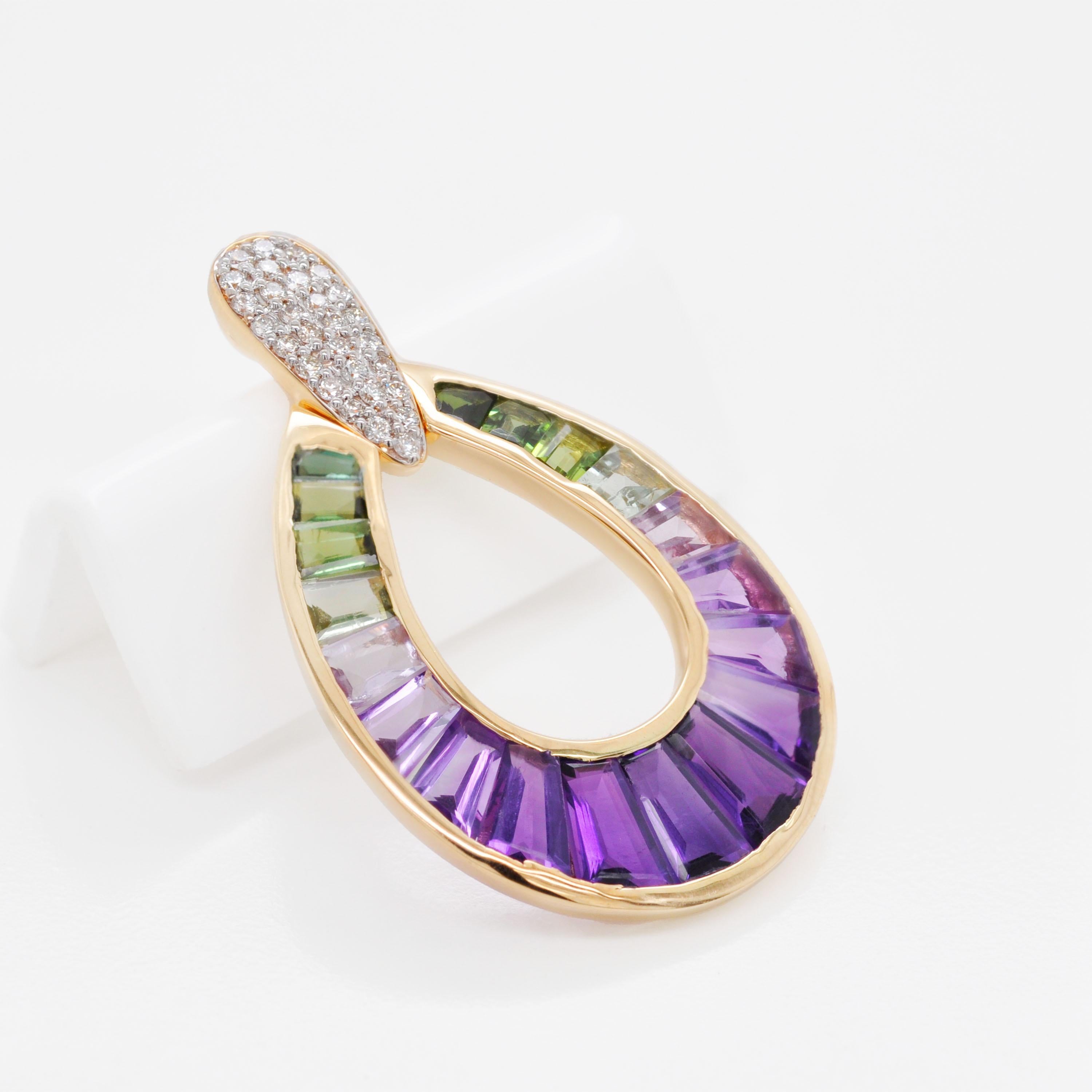 14K Yellow Gold Amethyst Green Tourmaline Taper Baguette Diamond Pear Pendant In New Condition For Sale In Jaipur, Rajasthan