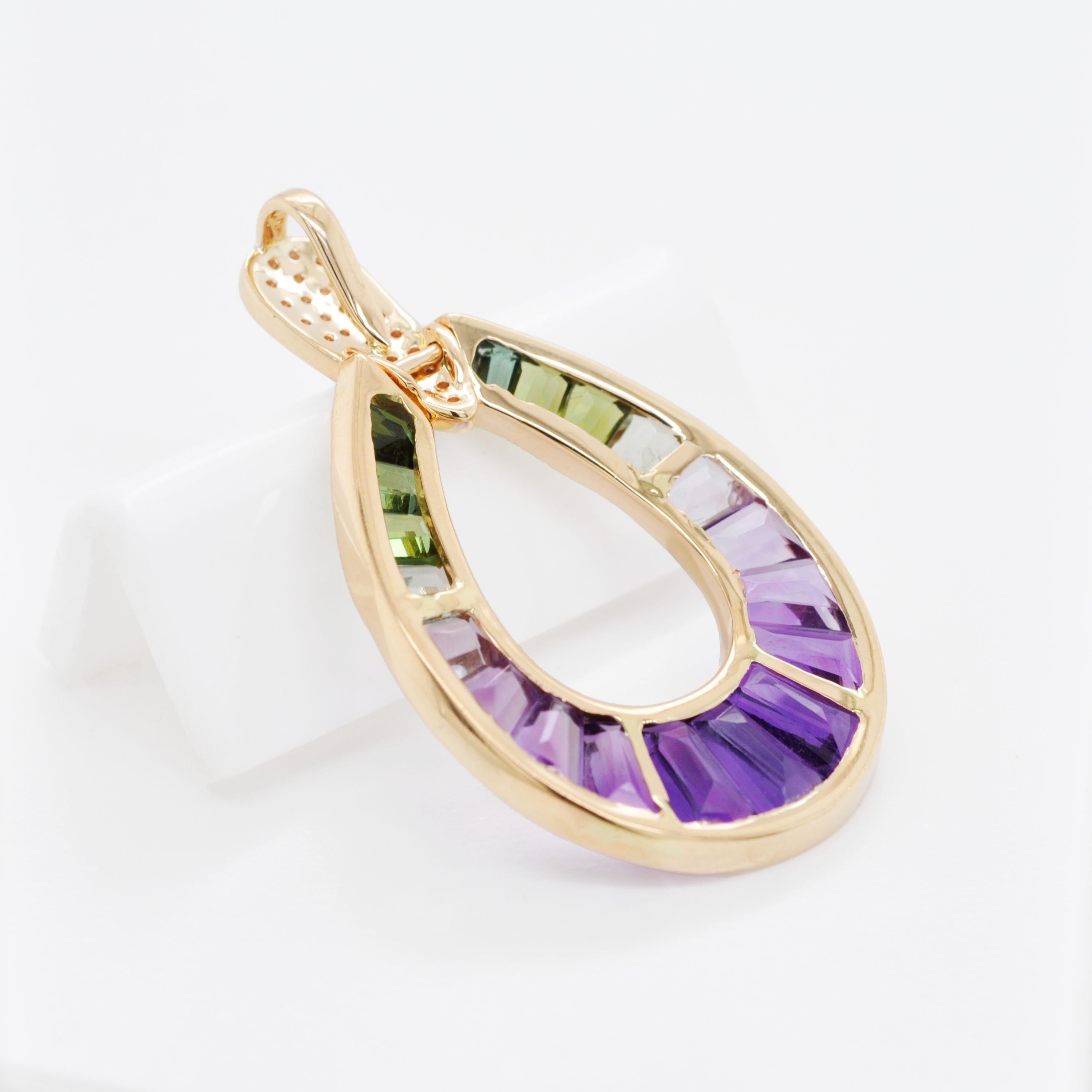 Women's 14K Yellow Gold Amethyst Green Tourmaline Taper Baguette Diamond Pear Pendant For Sale