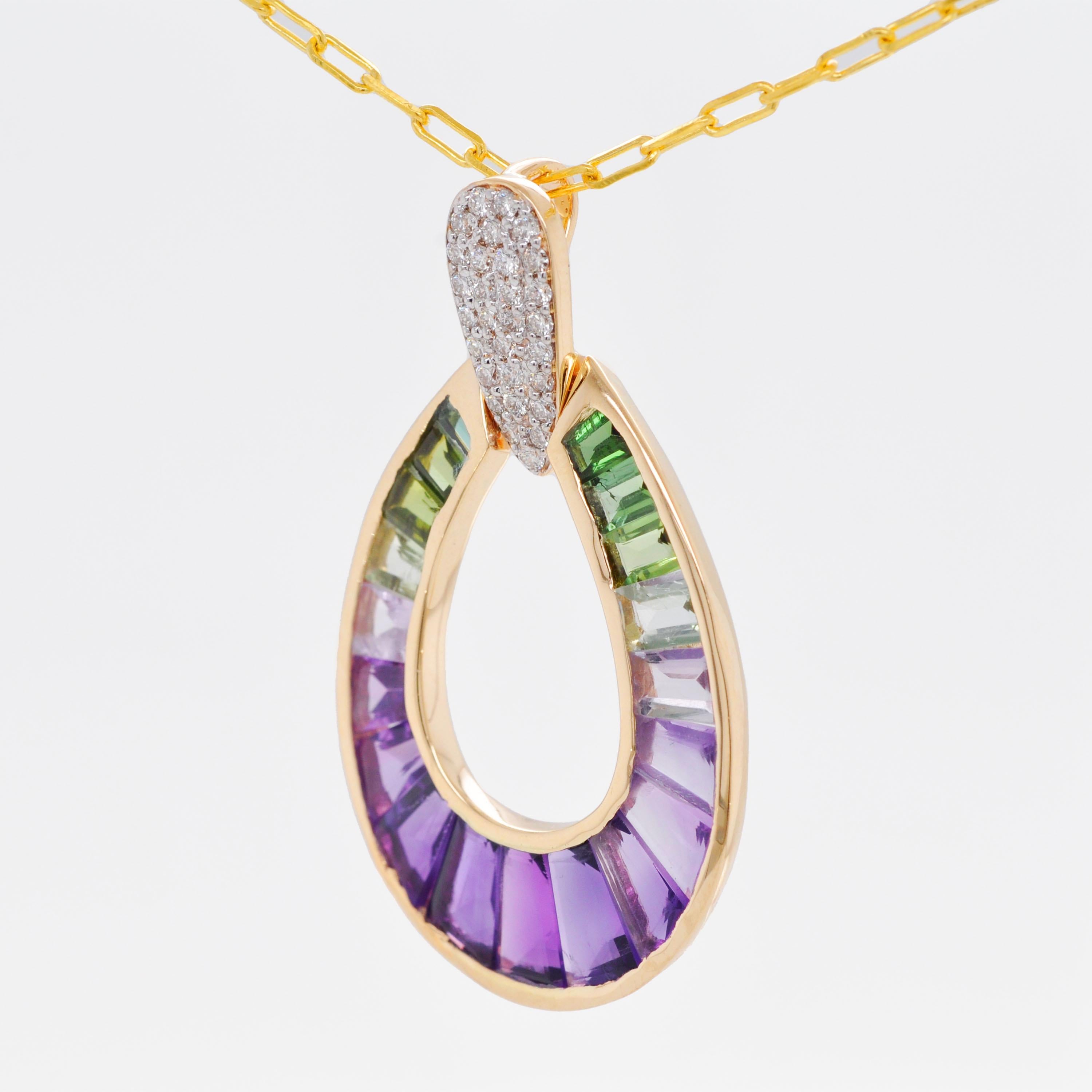 14K Yellow Gold Amethyst Green Tourmaline Taper Baguette Diamond Pear Pendant For Sale 1