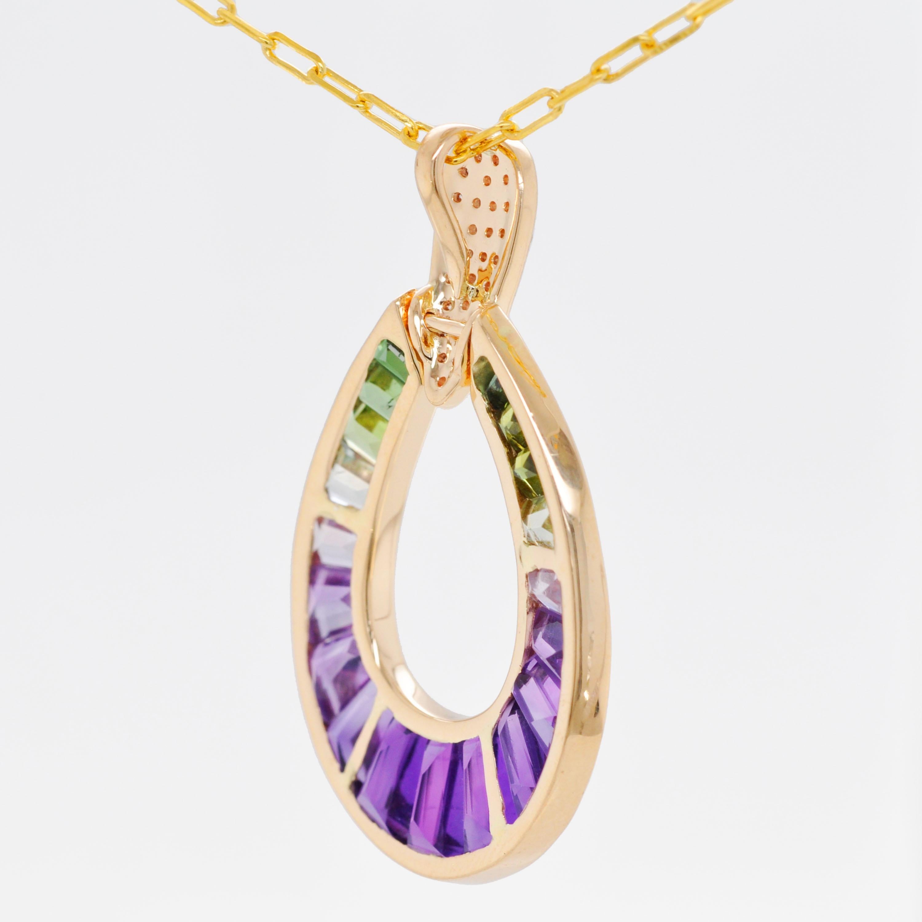 14K Yellow Gold Amethyst Green Tourmaline Taper Baguette Diamond Pear Pendant For Sale 2