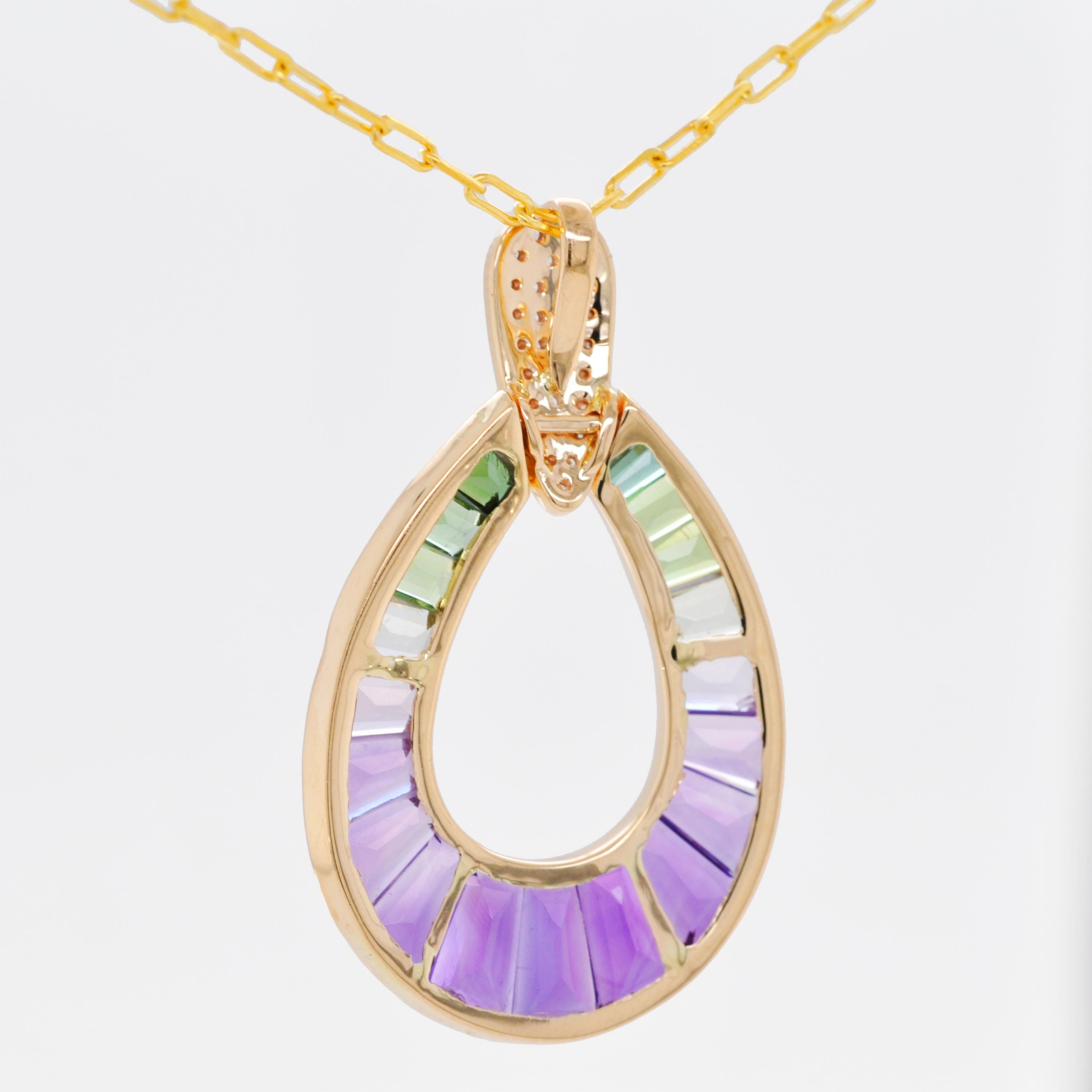 14K Yellow Gold Amethyst Green Tourmaline Taper Baguette Diamond Pear Pendant For Sale 3