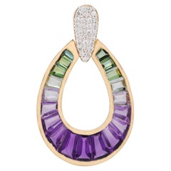 14 Karat Gelbgold Amethyst Grüner Turmalin Taper Baguette Diamant Birnenanhänger