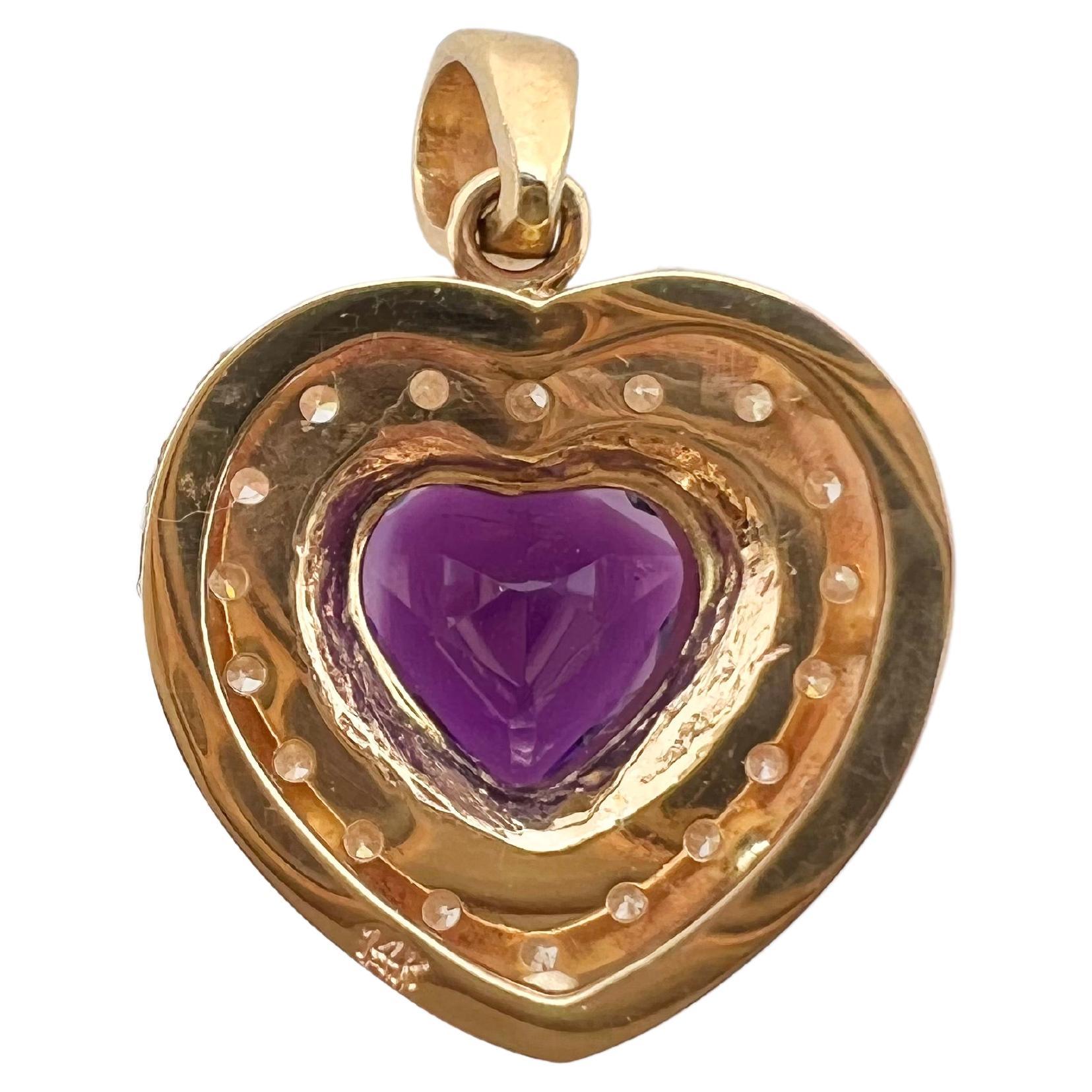 This beautiful, amethyst heart shaped pendant is set in 14k yellow gold with brilliant round diamonds.  This color contrast is stunning and will grasp everyone's attention!


Stone: Amethyst 2.50 cts 
Diamonds: 0.52 cts total weight 
Metal: 14k