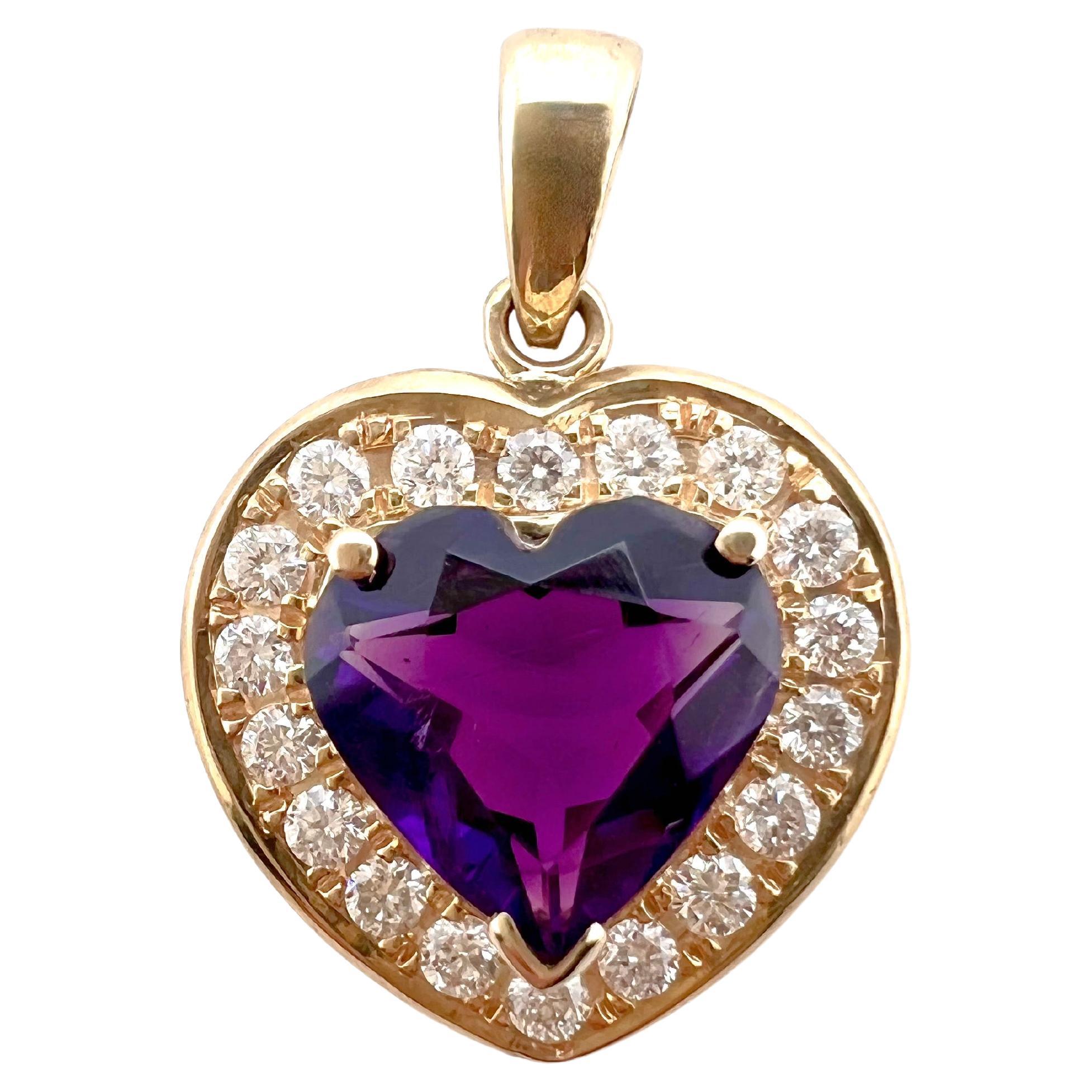 14k Yellow Gold Amethyst Heart Shaped Pendant with Diamonds For Sale