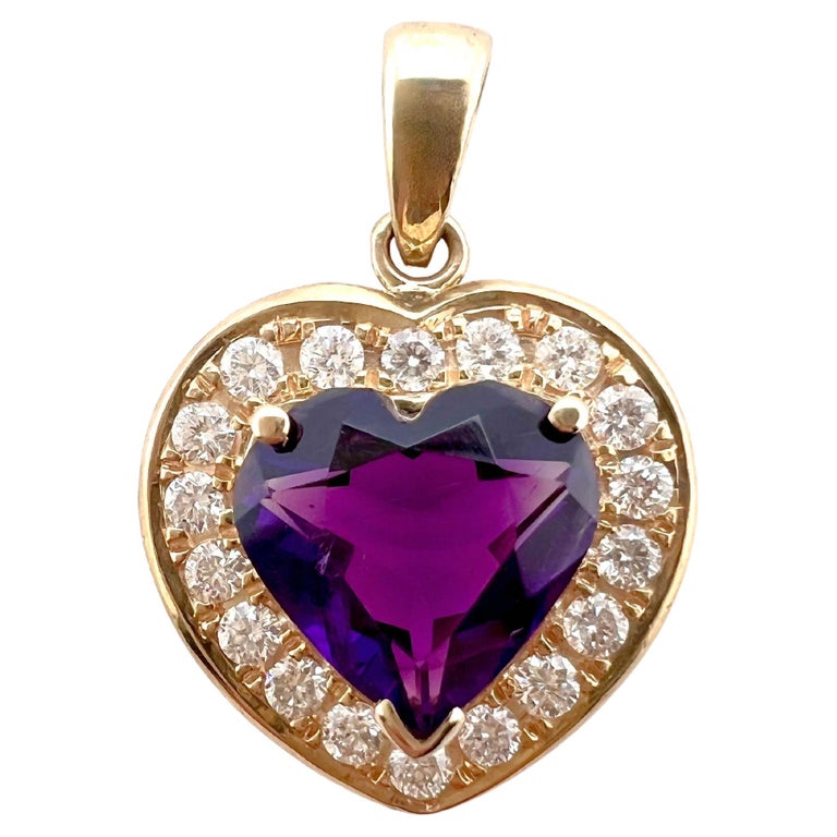 14k Yellow Gold Amethyst Heart Shaped Pendant with Diamonds For Sale at ...