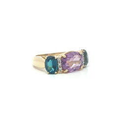 14k Yellow Gold Amethyst London Blue Topaz & Diamond Birthstone 3 Stone Ring