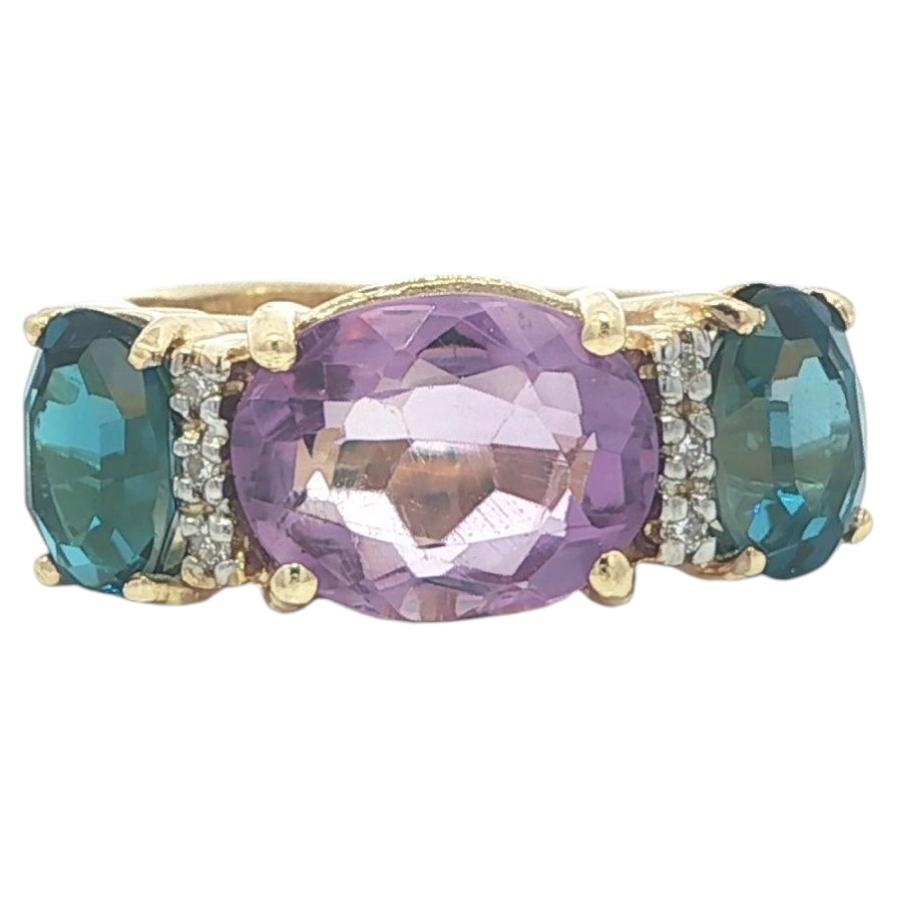 14k Yellow Gold Amethyst London Blue Topaz & Diamond Birthstone 3 Stone Ring