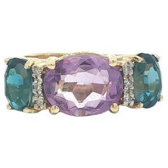 14k Yellow Gold Amethyst London Blue Topaz & Diamond Birthstone 3 Stone Ring