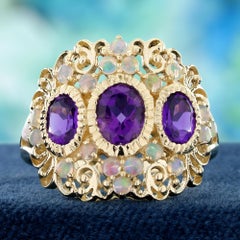14K Yellow Gold Amethyst Opal Vintage Style Three Stone Cluster Cocktail Ring