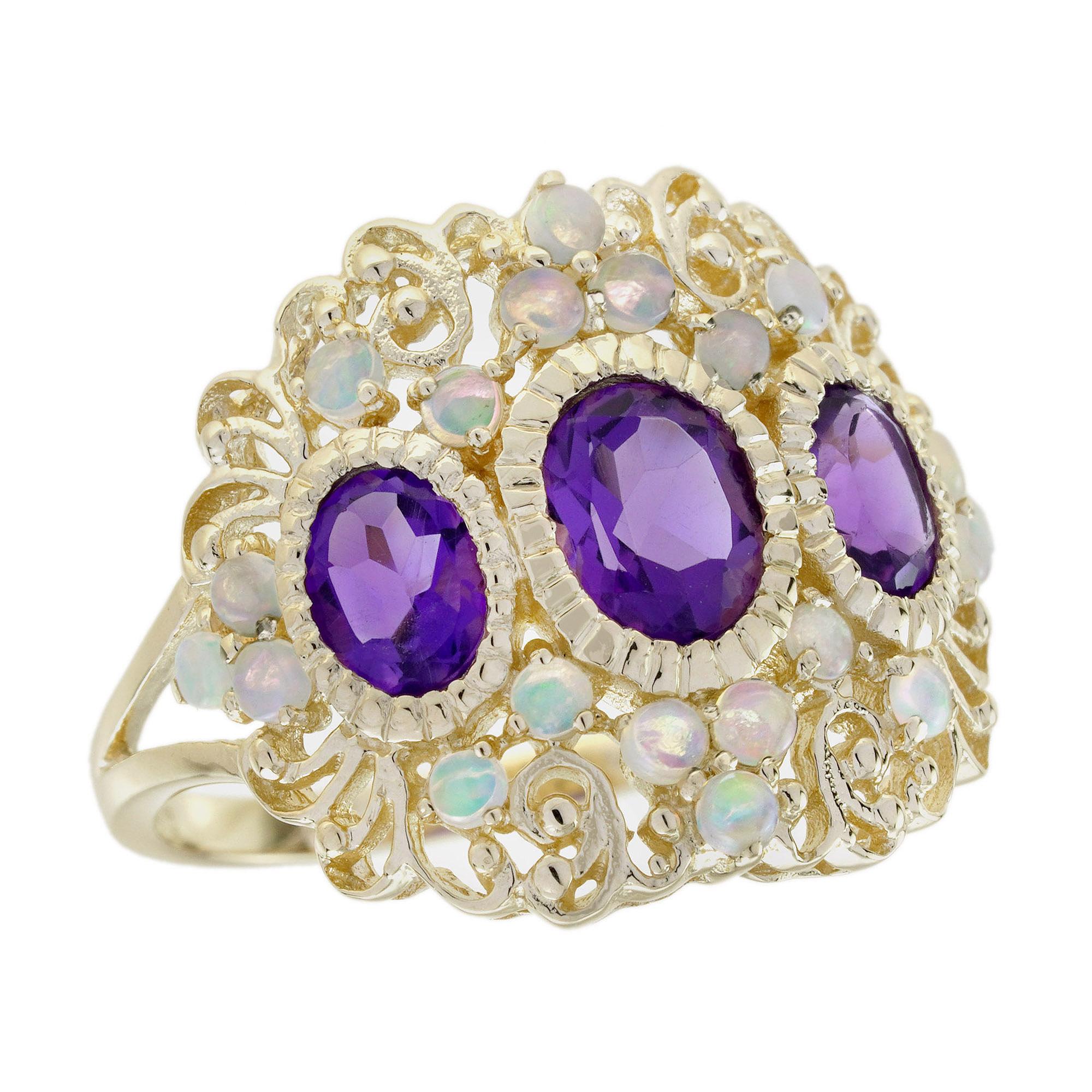 14K Yellow Gold Amethyst Opal Vintage Style Three Stone Cluster Cocktail Ring For Sale