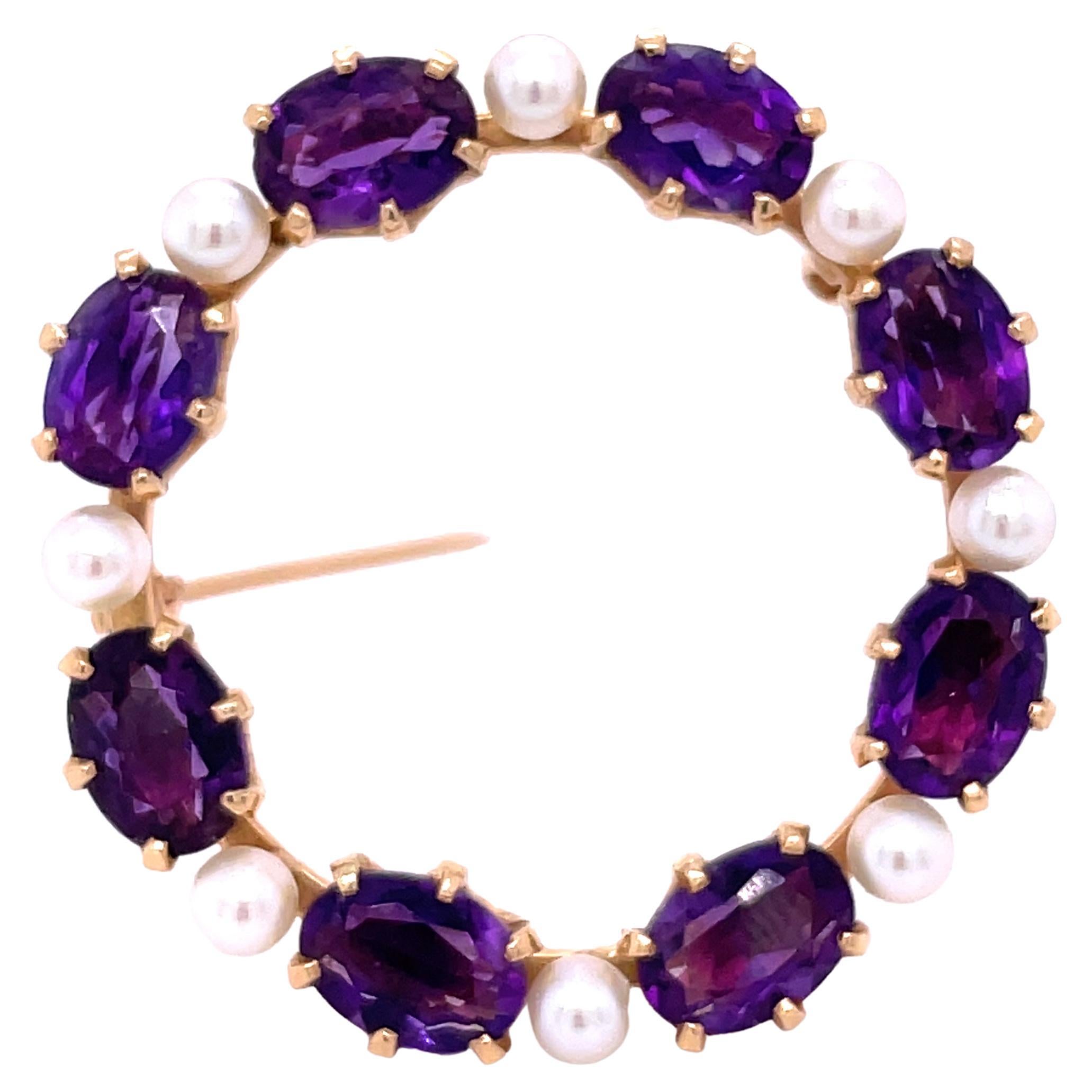 14K Yellow Gold Amethyst & Pearl Circle Brooch Pin For Sale