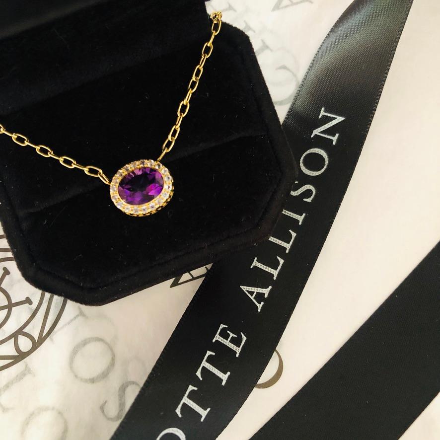 Contemporary 14 Karat Yellow Gold Amethyst Pendant and Tanzanite Halo Necklace For Sale