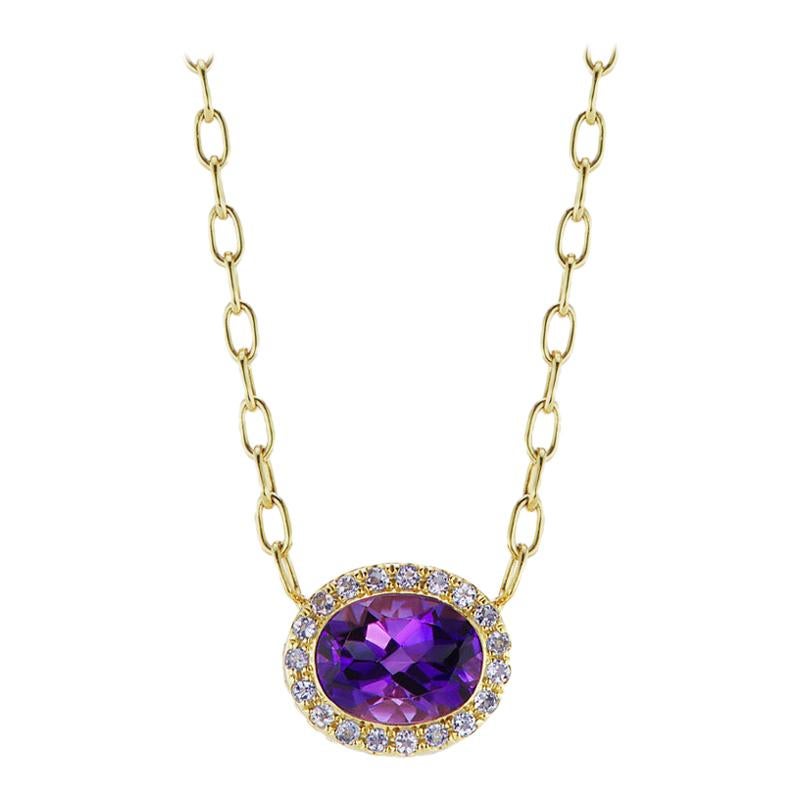 14 Karat Yellow Gold Amethyst Pendant and Tanzanite Halo Necklace For Sale