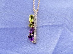 14K Yellow Gold Amethyst, Peridot, and Diamond Multi-Gemstone Vertical Bar Penda