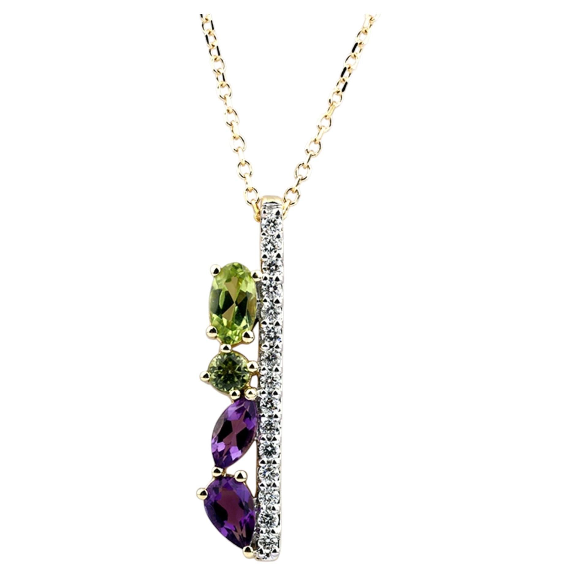 14K Yellow Gold Amethyst, Peridot, and Diamond Multi-Gemstone Vertical Bar Penda For Sale