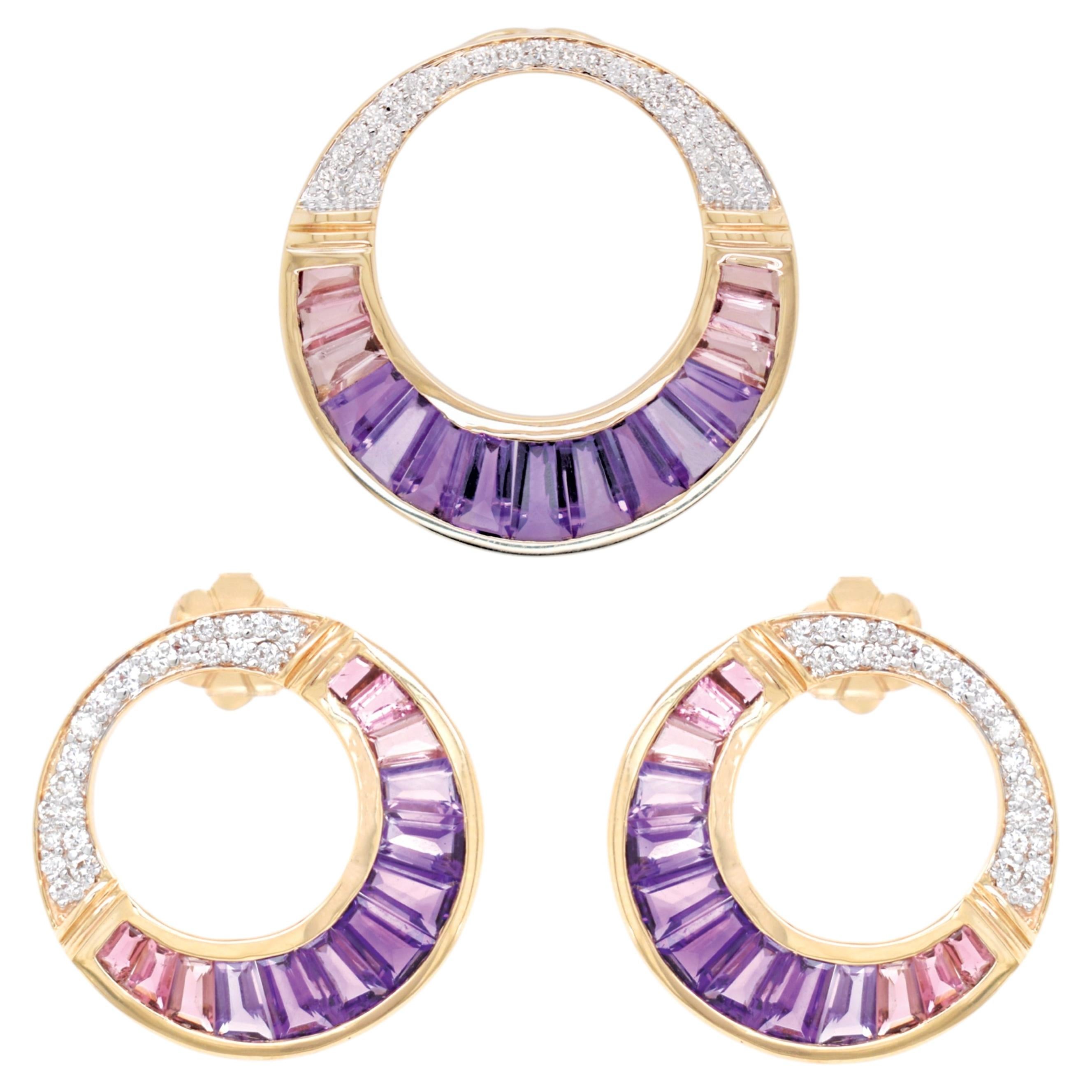 Ensemble composé d'un pendentif et de boucles d'oreilles en or jaune 14 carats, avec améthyste, tourmaline rose et diamants