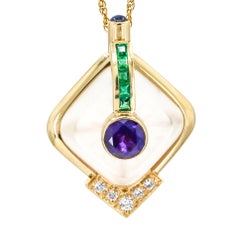 14 Karat Yellow Gold Amethyst Quartz Diamond Emerald Pendant Necklace