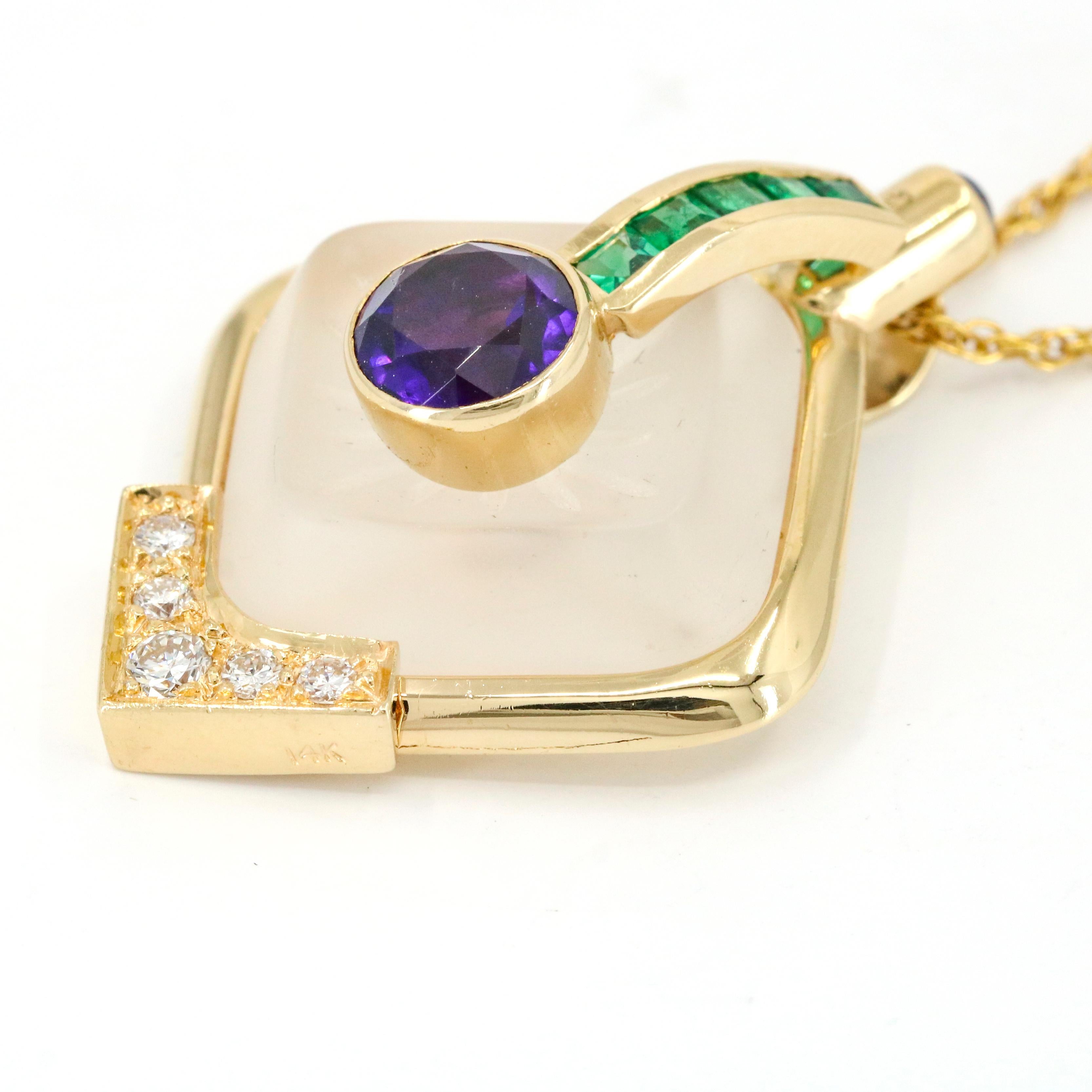 Retro 14 Karat Yellow Gold Amethyst Quartz Diamond Emerald Pendant Necklace For Sale