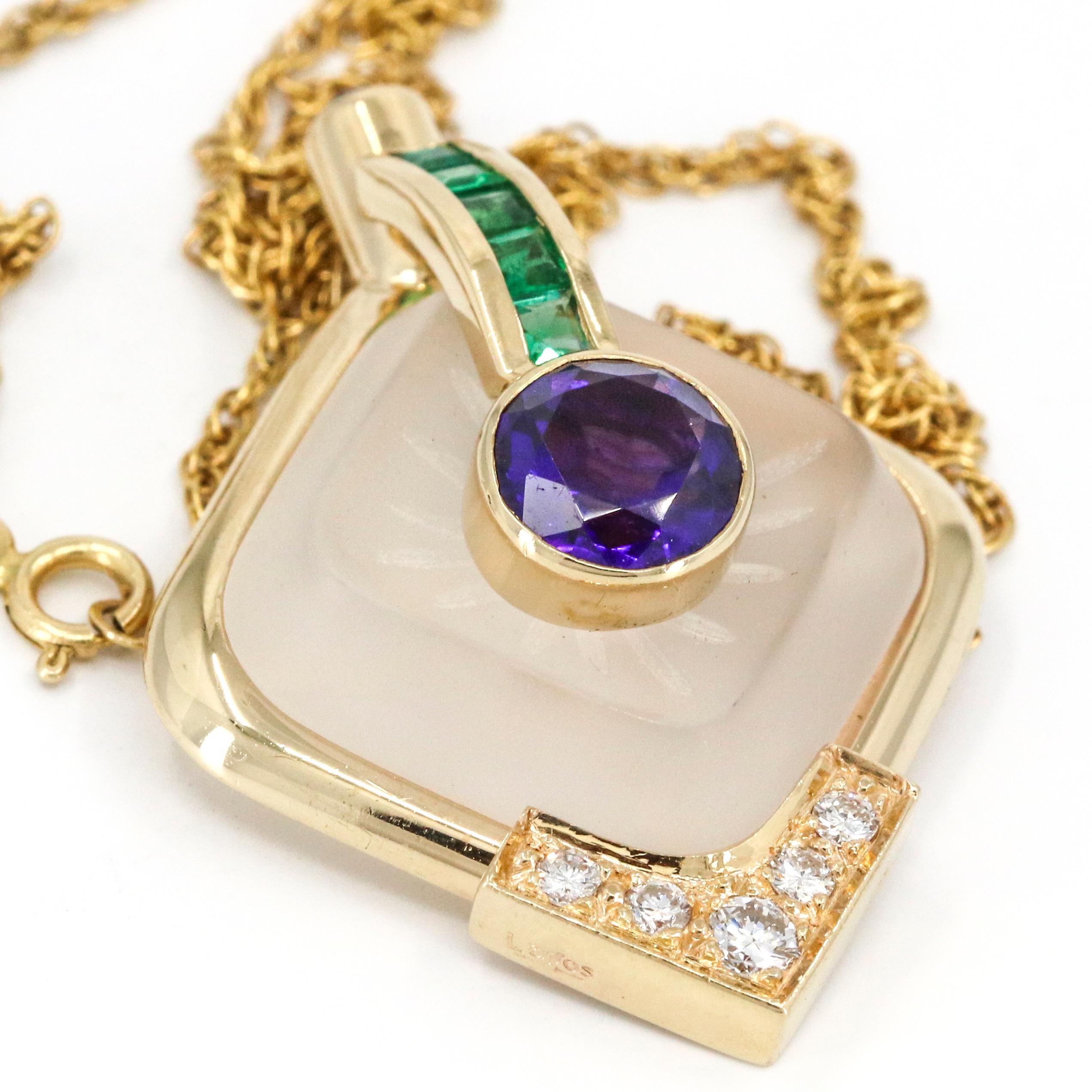 14 Karat Yellow Gold Amethyst Quartz Diamond Emerald Pendant Necklace In Excellent Condition For Sale In Fort Lauderdale, FL