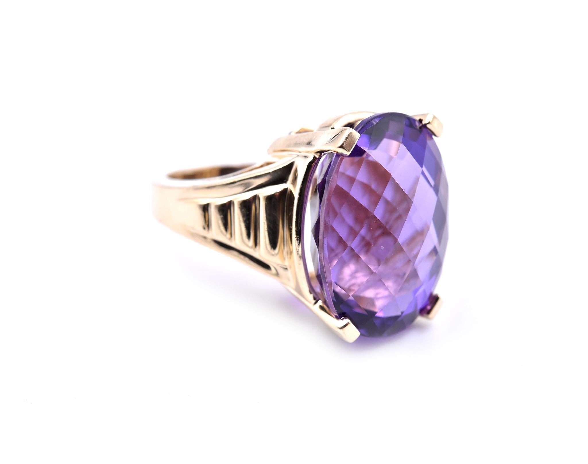 Designer: custom design
Material: 14k yellow gold
Amethyst: 1 oval cushion checkerboard cut= 20.40ct
Ring size: 5 ½ (please allow two additional shipping days for sizing requests)
Dimensions: ring top is 20.11mm by 15.07mm
Weight: 12.5 grams
