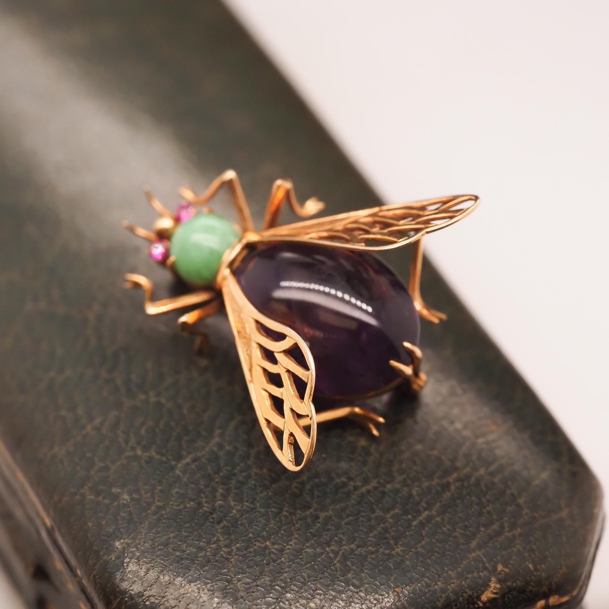 14K Yellow Gold Amethyst, Ruby and Turquoise Fly Brooch Pin For Sale at ...