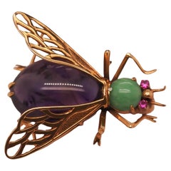 Vintage 14K Yellow Gold Amethyst, Ruby and Turquoise Fly Brooch Pin