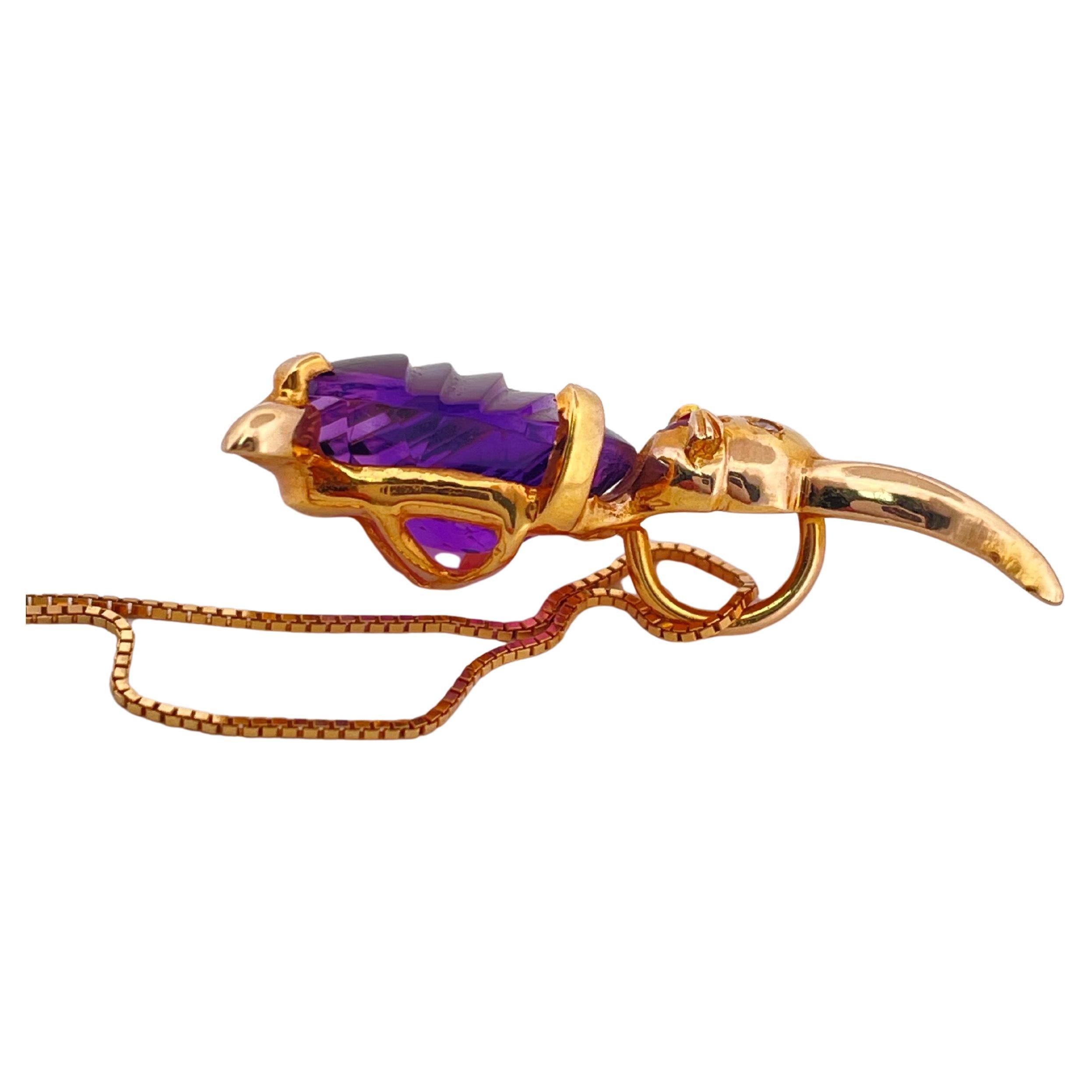 Taglio ovale Ciondolo a forma di coniglietto in oro giallo 14k con ametista, rubino e diamante su catena 14k da 16