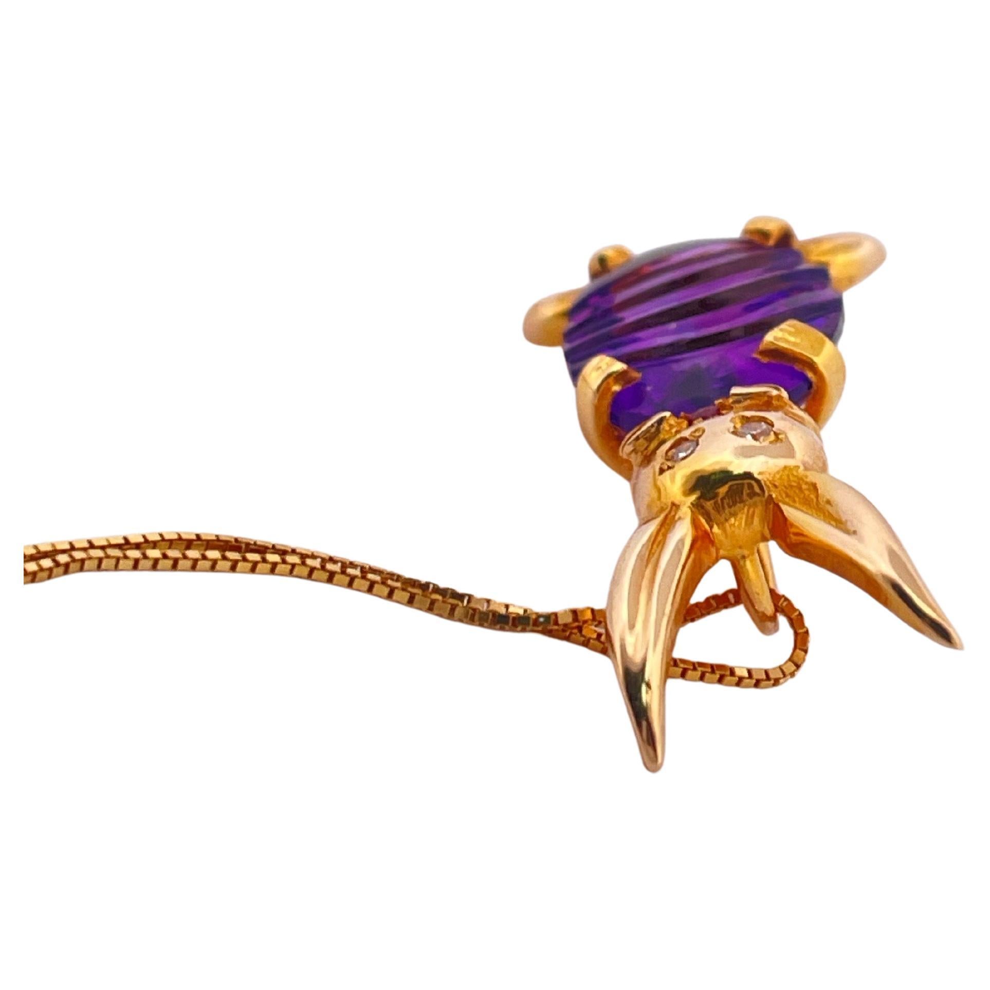 Ciondolo a forma di coniglietto in oro giallo 14k con ametista, rubino e diamante su catena 14k da 16