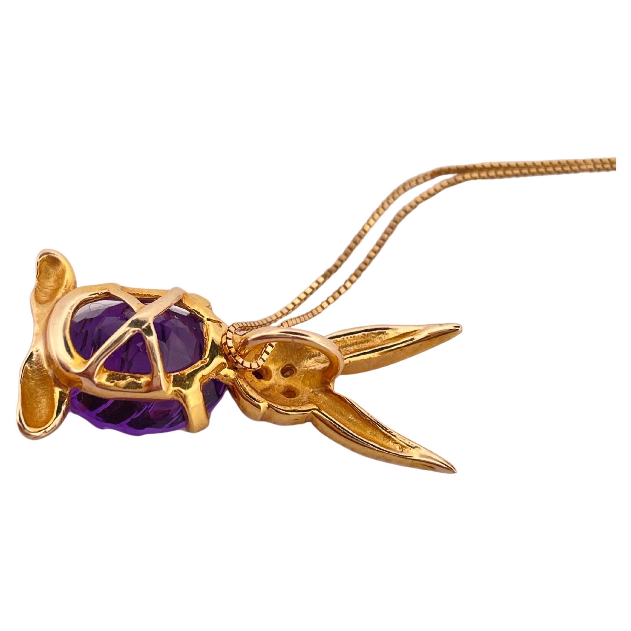 Ciondolo a forma di coniglietto in oro giallo 14k con ametista, rubino e diamante su catena 14k da 16