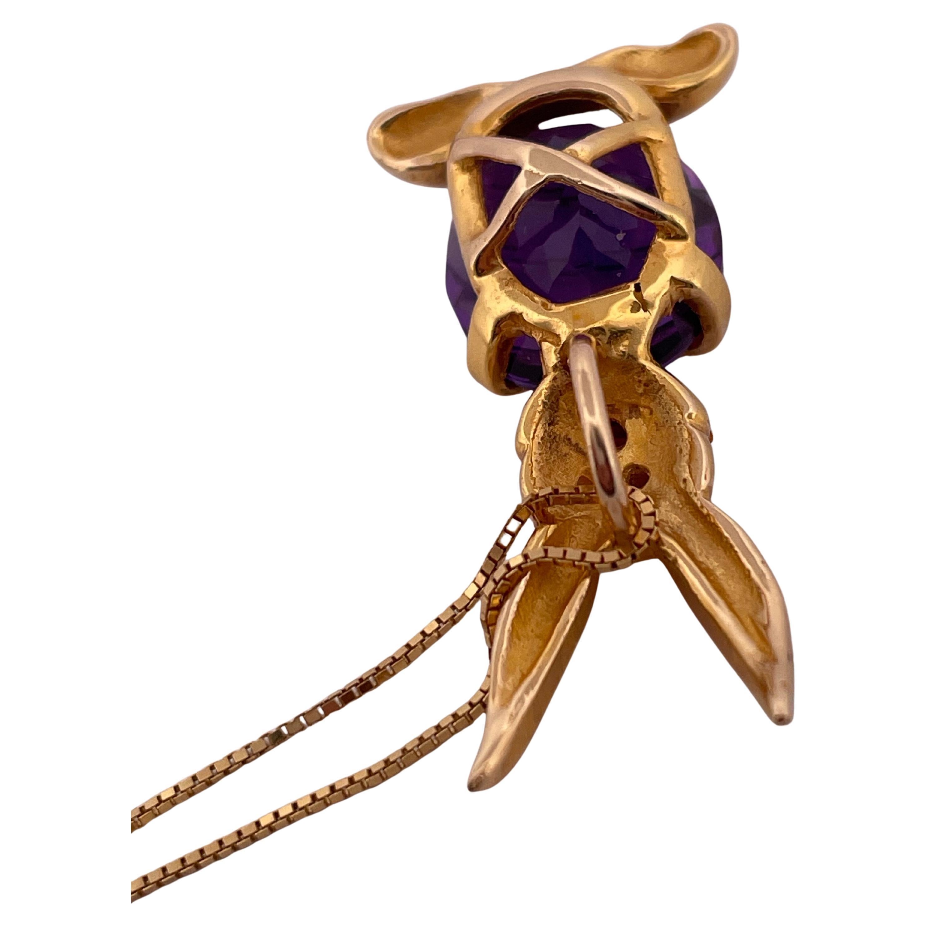 Ciondolo a forma di coniglietto in oro giallo 14k con ametista, rubino e diamante su catena 14k da 16