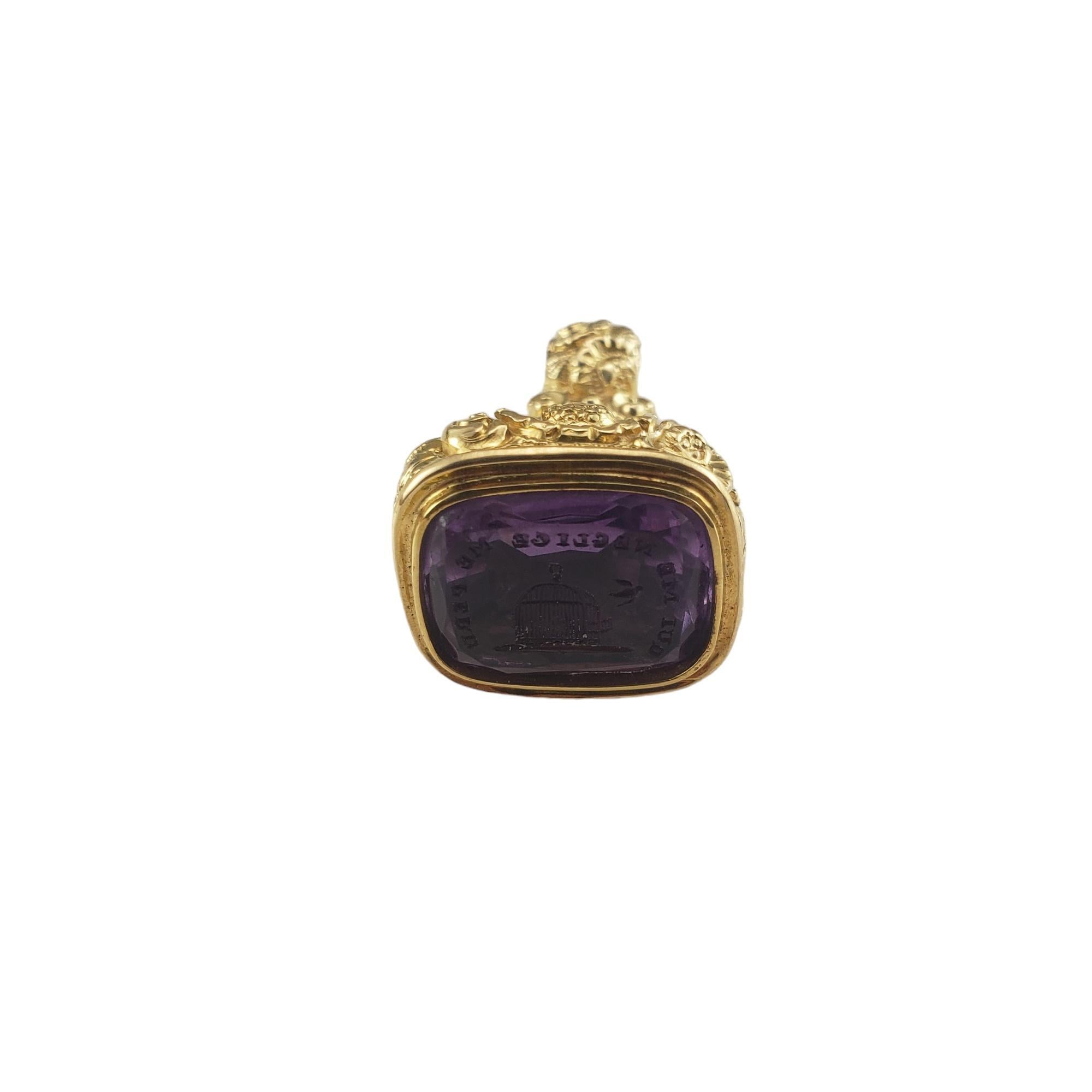 Vintage 14K Yellow Gold Amethyst Seal Fob Lab Certified-

This elegant watch fob features an amethyst intaglio Georgian seal (15 mm x 12 mm) set in beautifully detailed 14K yellow gold.

Amethyst weight: 9.78 ct.

Size:  29 mm x 18 mm

Tested 14K