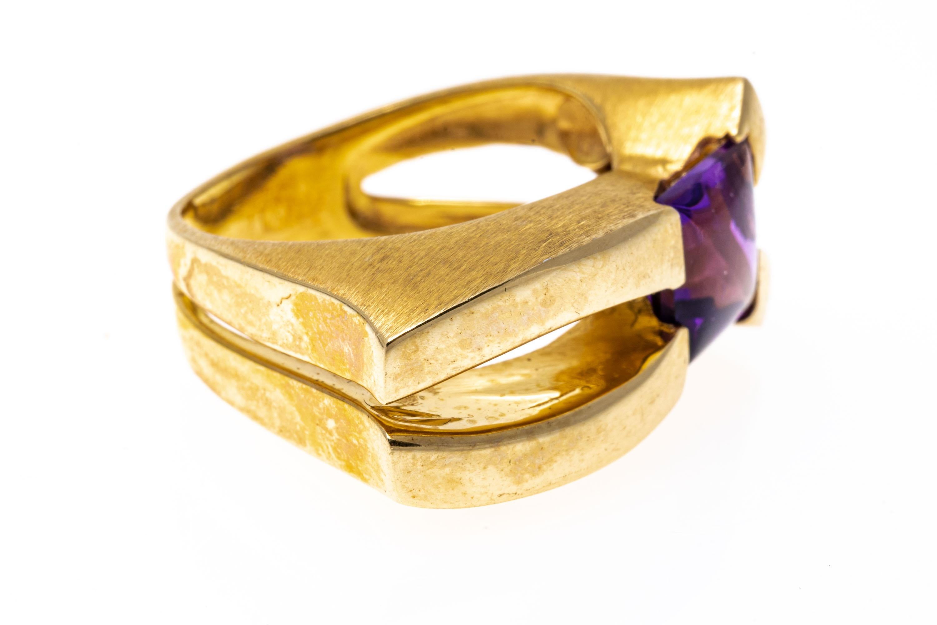 Square Cut 14k Yellow Gold Amethyst Set Contemporary Horizontal Elongated Ring For Sale