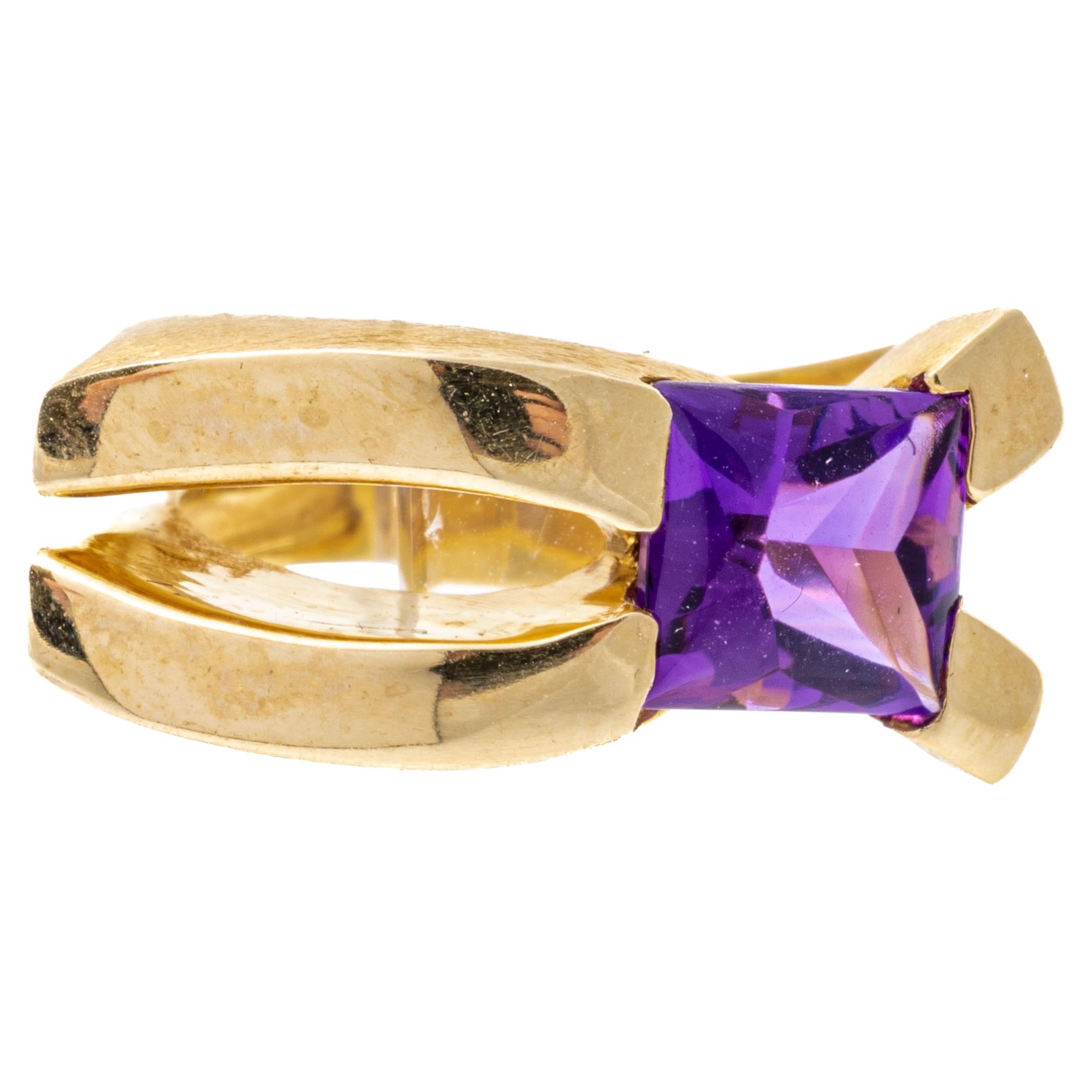 14k Yellow Gold Amethyst Set Contemporary Horizontal Elongated Ring For Sale