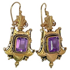 14K Yellow Gold Amethyst stone Antique Dangle Earrings