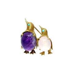14K Yellow Gold Amethyst, Turquoise & Rose Quartz Studded Penguins Pin